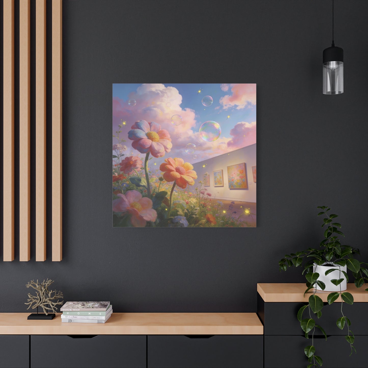 Dreamy Floral Canvas Wall Art - Pastel Wildflower Sky With Iridescent Bubbles, Firefly Glow - Whimsical Matte Canvas Print - Contemporary Bedroom Wall Decor, Living Room Accent - Cozy Reading Nook Art