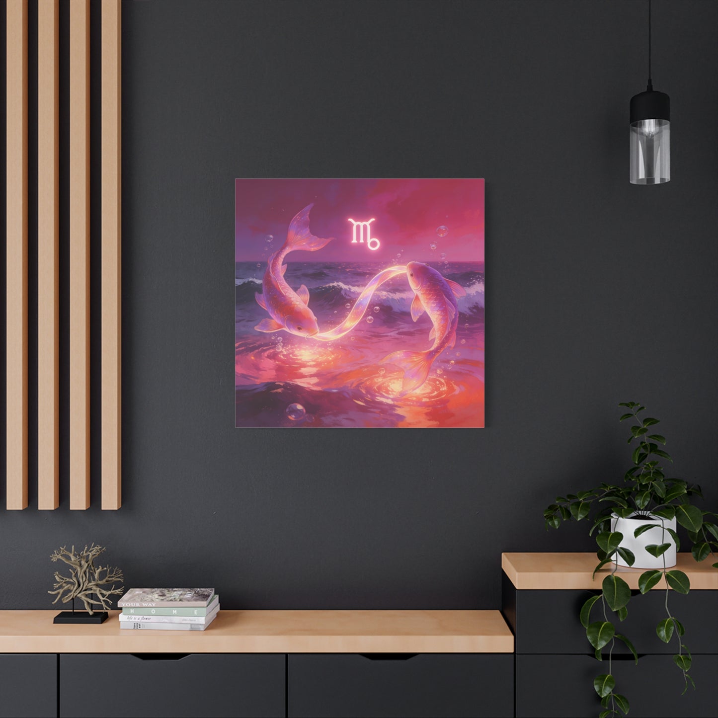 Scorpio Zodiac Canvas Wall Art - Glowing Koi Fish Ocean Illustration, Pink Purple Celestial Water Scene - Modern Fantasy Decor - Bedroom Home Decoration, Living Room Accent - Living Room Wall Decor