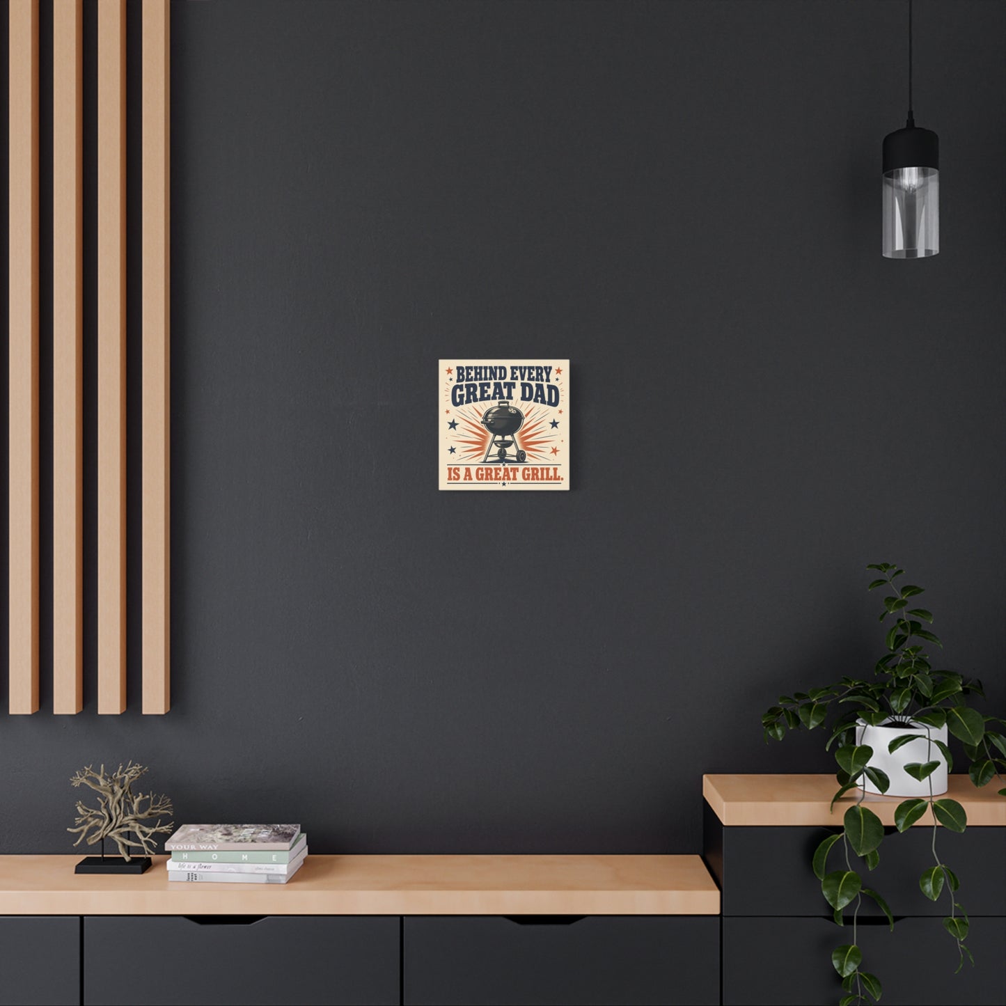 "Behind Every Great Dad Is A Great Grill." Funny Dad Grill Canvas Wall Art - Vintage Patriotic BBQ Quote Print - Rustic Kitchen Decor - Man Cave Wall Hanging - Ready to Hang - Bedroom Home Decoration