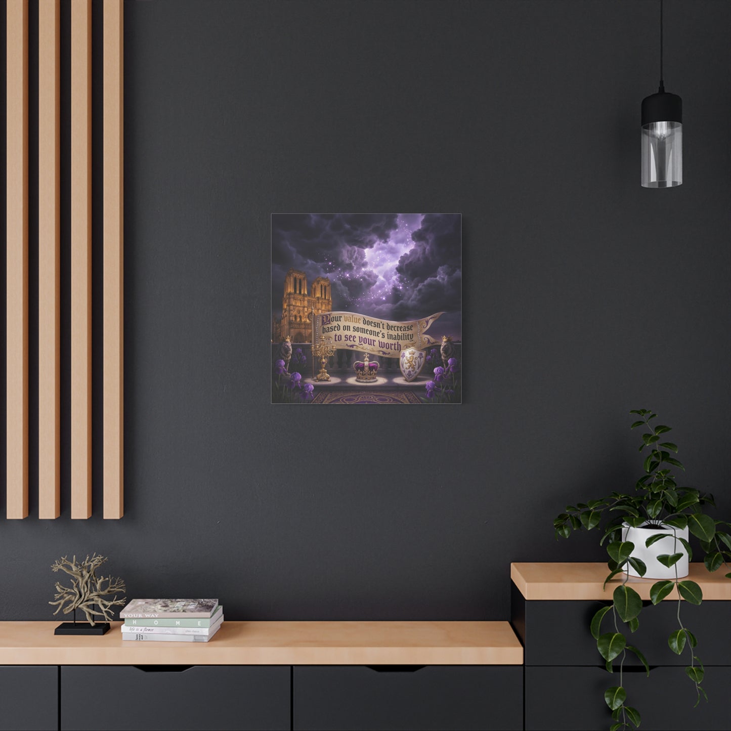 "Your Value Doesn't Decrease Based On Someone's Inability To See Your Worth" Canvas Wall Art - Gothic Cathedral, Purple Sky, Crown And Lions - Inspirational Home Decor - Living Room Bedroom