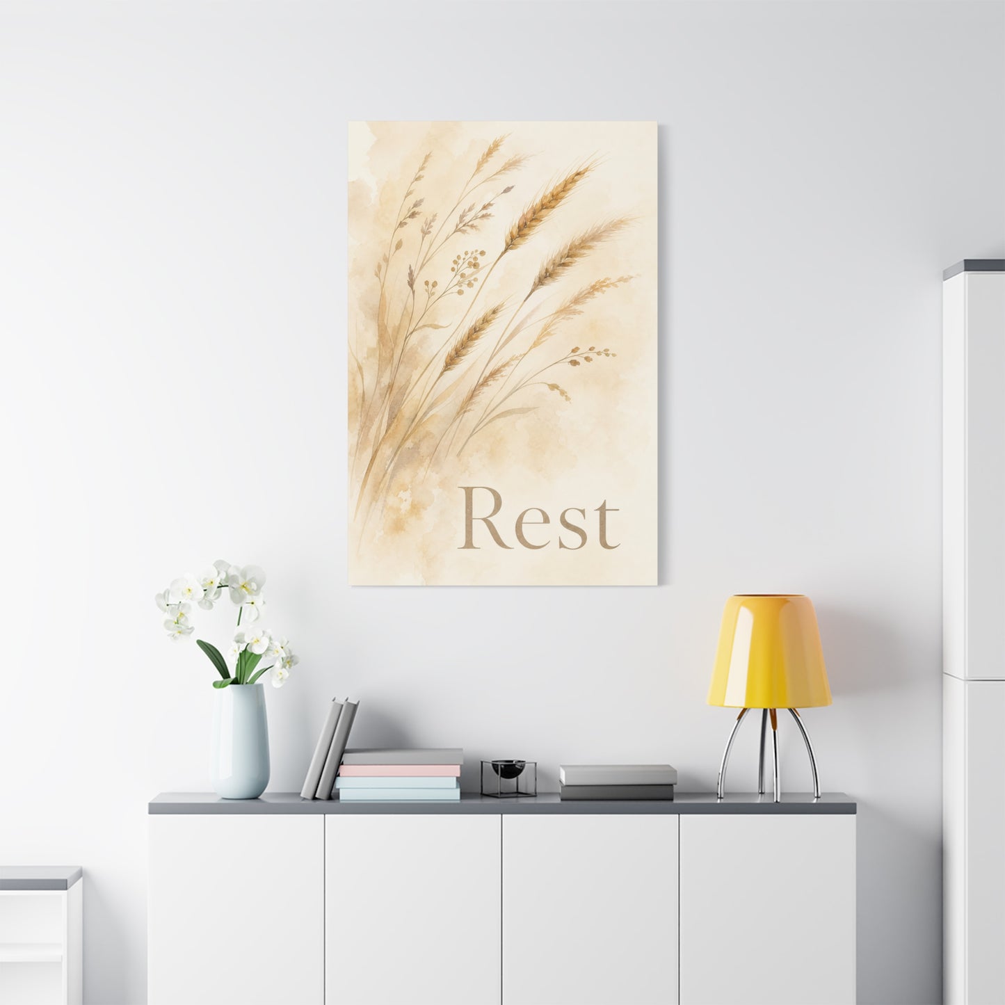"Rest" Botanical Canvas Wall Art - Neutral Wheat Grass Watercolor Print - Minimalist Beige Farmhouse Decor - Bedroom Wall Hanging - Living Room Home Decoration - Meditation Space Accent