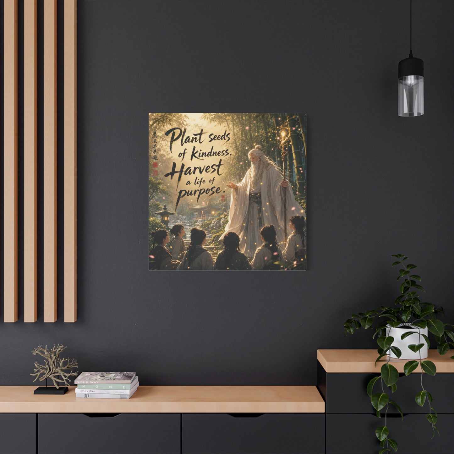 "Plant Seeds Of Kindness. Harvest A Life Of Purpose." Zen Canvas Wall Art - Wise Elder In Bamboo Garden, Inspirational Typography Print - Traditional Style, Bedroom Meditation Decor - Office Wall Art