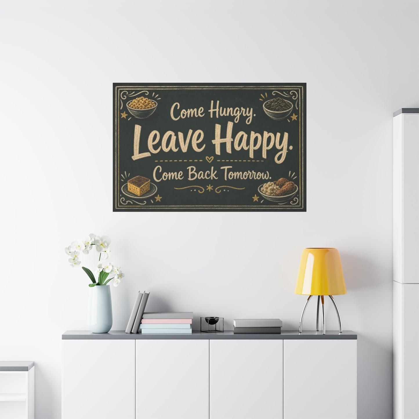 "Come Hungry. Leave Happy. Come Back Tomorrow." Canvas Wall Art - Chalkboard Food Quote Print, Rustic Farmhouse Style, Restaurant Accent - Restaurant Wall Decor - Bistro Sign Decor - Ready to Hang