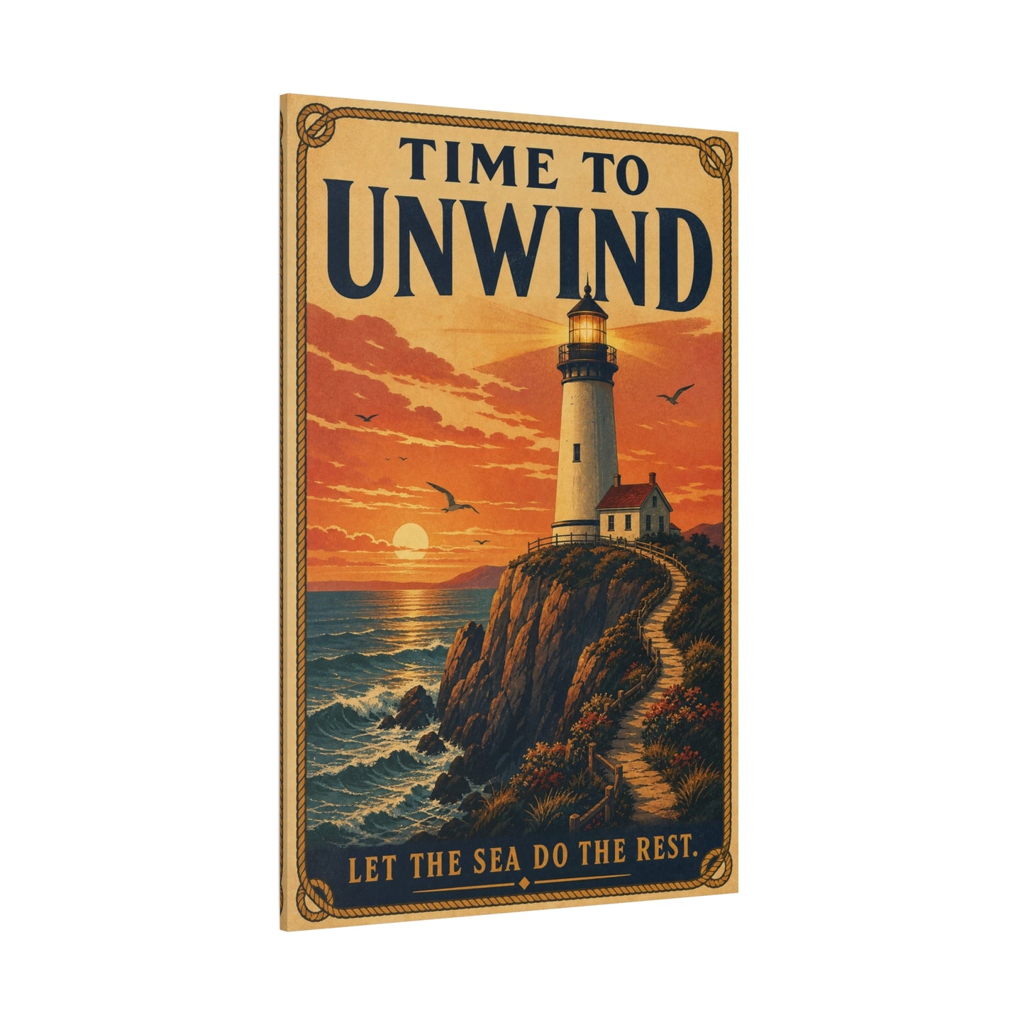 "Time To Unwind Let The Sea Do The Rest" Lighthouse Canvas Wall Art - Vintage Coastal Sunset Seascape Print, Nautical Home Decor, Bedroom Living Room Decoration, Beach House Style - Office Wall Art