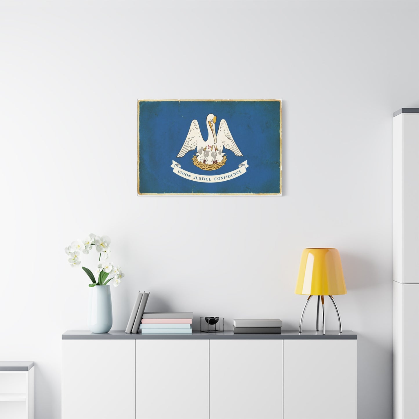 "Union Justice Confidence" Louisiana State Flag Canvas Wall Art - Vintage Pelican Crest Print, Distressed Blue Banner, Patriotic Traditional Decor - Living Room Office Wall Decor - Ready to Hang