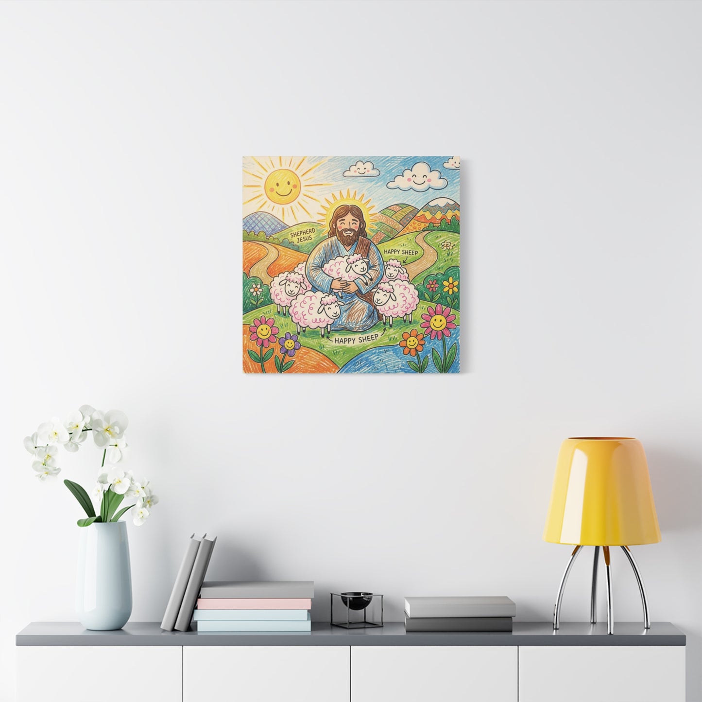 "Shepherd Jesus" "Happy Sheep" Jesus Canvas Wall Art - Christian Kids Nursery Decor, Colorful Religious Print - Matte Cotton Canvas - Playroom Bedroom Classroom Decoration - Living Room Wall Decor