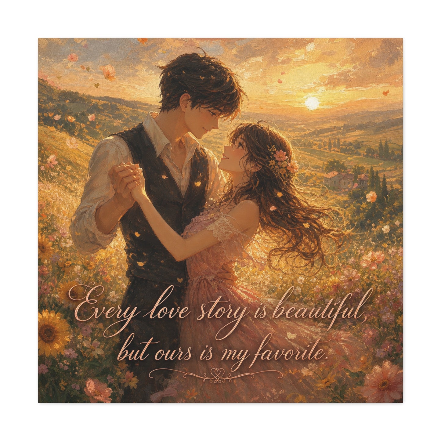 "Every Love Story Is Beautiful, But Ours Is My Favorite" Romantic Couple Canvas Wall Art - Golden Sunset Wildflower Field - Dreamy Rustic Style - Bedroom Wall Decor - Ready to Hang - Ready to Hang