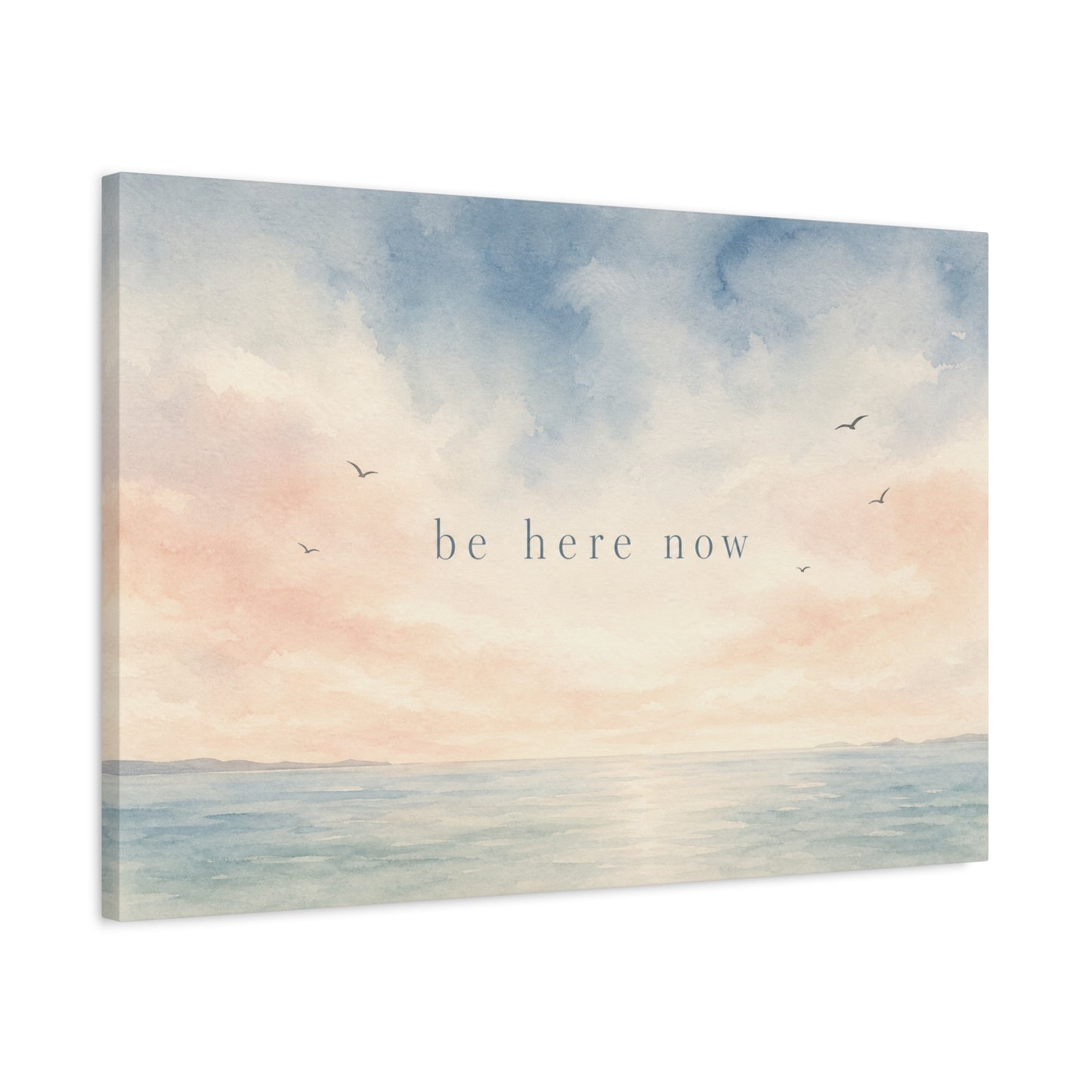 "Be Here Now" Coastal Canvas Wall Art - Pastel Ocean Seascape With Birds - Minimalist Inspirational Wall Decor - Serene Bedroom Home Decoration - Meditation Space Office Art - Bedroom Home Decoration