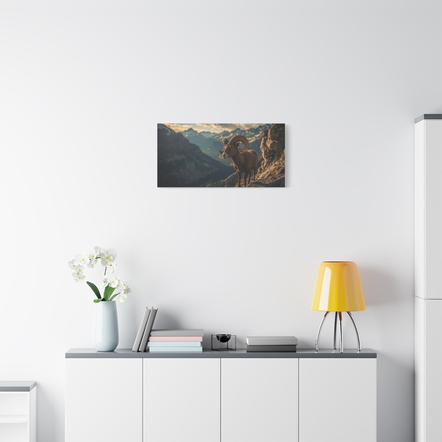 Bighorn Sheep Canvas Wall Art - Mountain Wildlife Art Print, Golden Alpine Cliff Scene - Matte Cotton Artwork - Rustic Lodge Decor, Living Room Wall Decor, Office Art - Bedroom Home Decoration