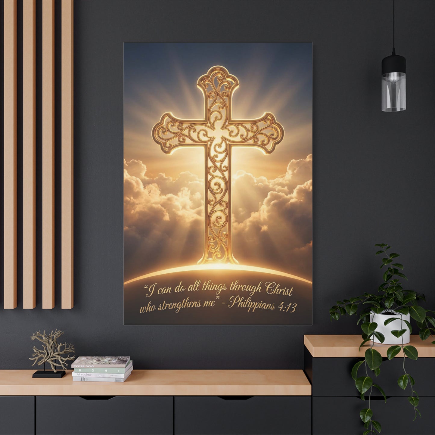 "I Can Do All Things Through Christ Who Strengthens Me" Cross Canvas Wall Art - Philippians 4:13 Scripture Decor, Golden Clouds Christian Wall Hanging, Bedroom Living Room - Bedroom Home Decoration