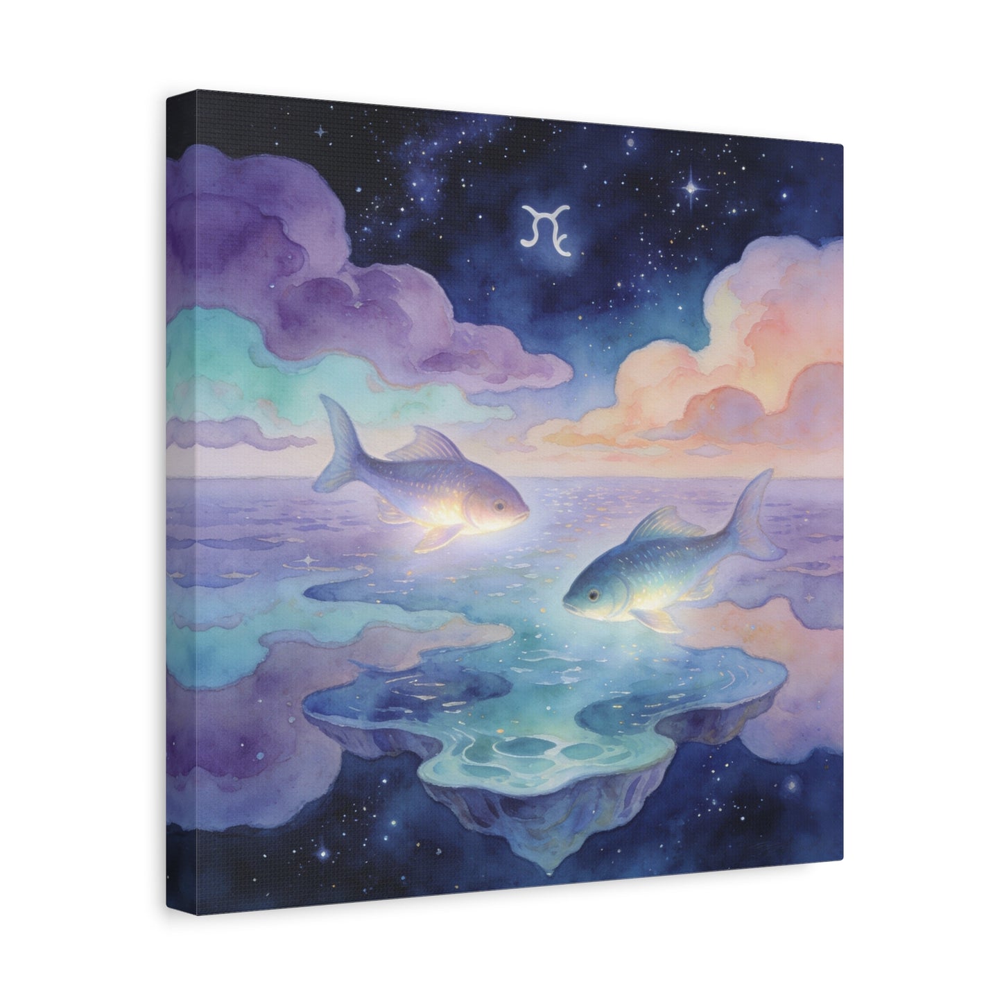 Pisces Zodiac Canvas Wall Art - Celestial Fish Over Dreamlike Sea, Watercolor Illustration - Mystical Night Sky, Matte Canvas Print - Bedroom Wall Decor, Meditation Space Accent - Ready to Hang
