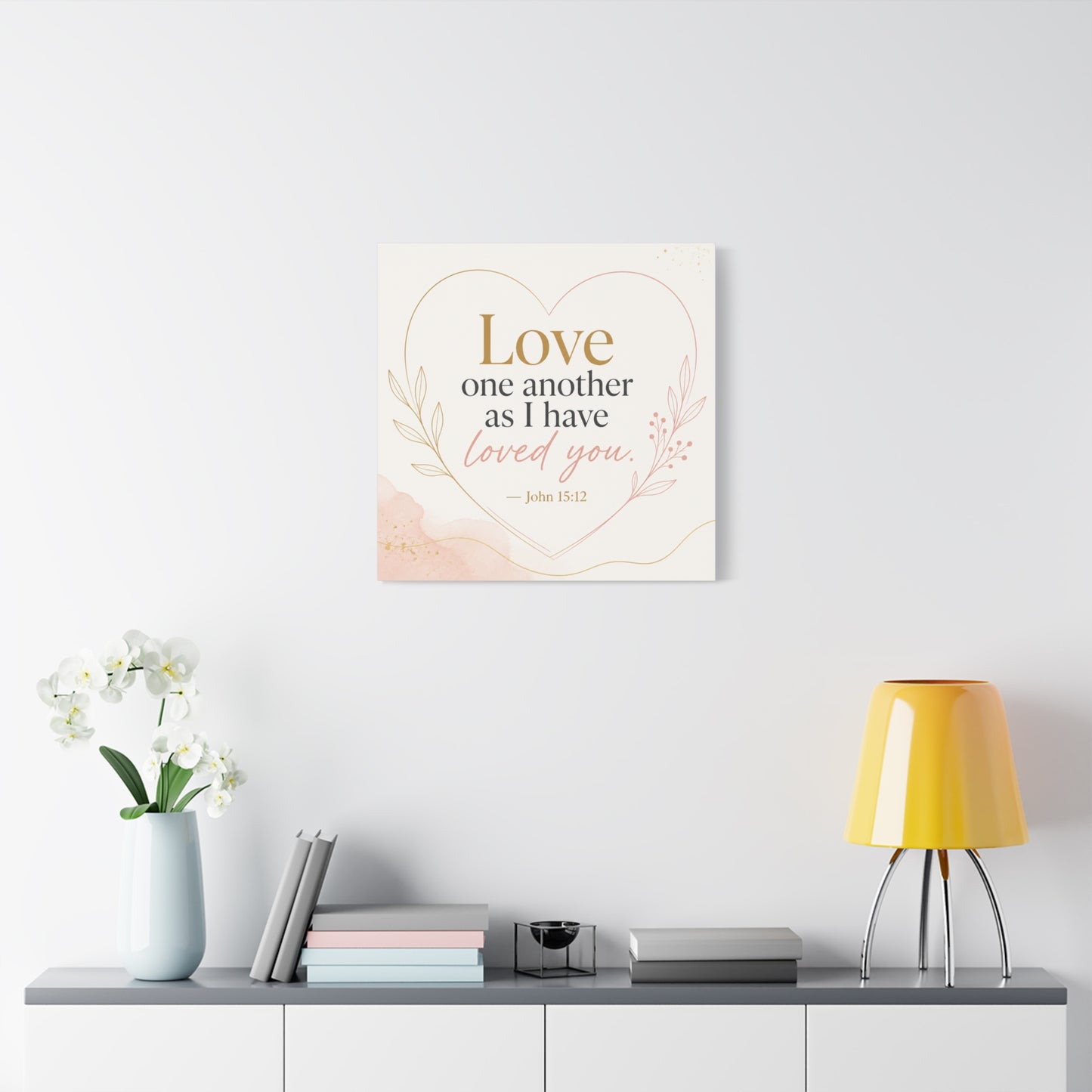 "Love One Another As I Have Loved You. John 15:12" Canvas Wall Art - Christian Scripture Quote, Heart Line Floral Design - Blush Gold Typography - Bedroom Living Room Decor - Living Room Wall Decor