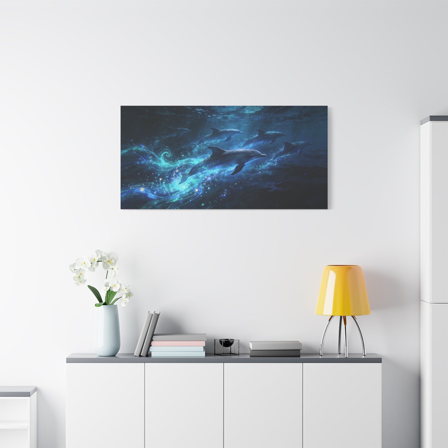 Dolphin Pod Canvas Wall Art - Glowing Underwater Ocean Scene, Blue Fantasy Marine Print - Matte Cotton Artwork - Coastal Style Living Room Wall Decor, Bedroom Home Decoration - Bedroom Home Decoration