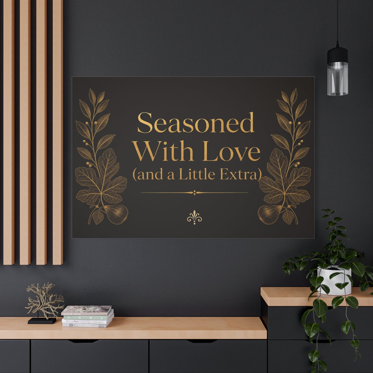 "Seasoned With Love (and a Little Extra)" Typography Canvas Wall Art - Black And Gold Kitchen Quote Decor, Vintage Botanical Cooking Wall Hanging, Dining Room Home Decoration - Bedroom Home Decoration