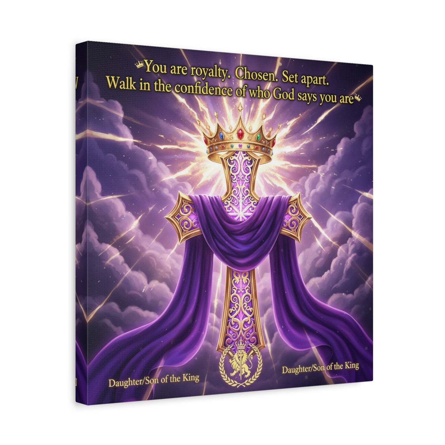 "You Are Royalty. Chosen. Set Apart." Christian Canvas Wall Art - Crowned Cross With Purple Draped Cloth, Daughter Son Of The King Quote - Religious Wall Decor For Bedroom, Office - Ready to Hang