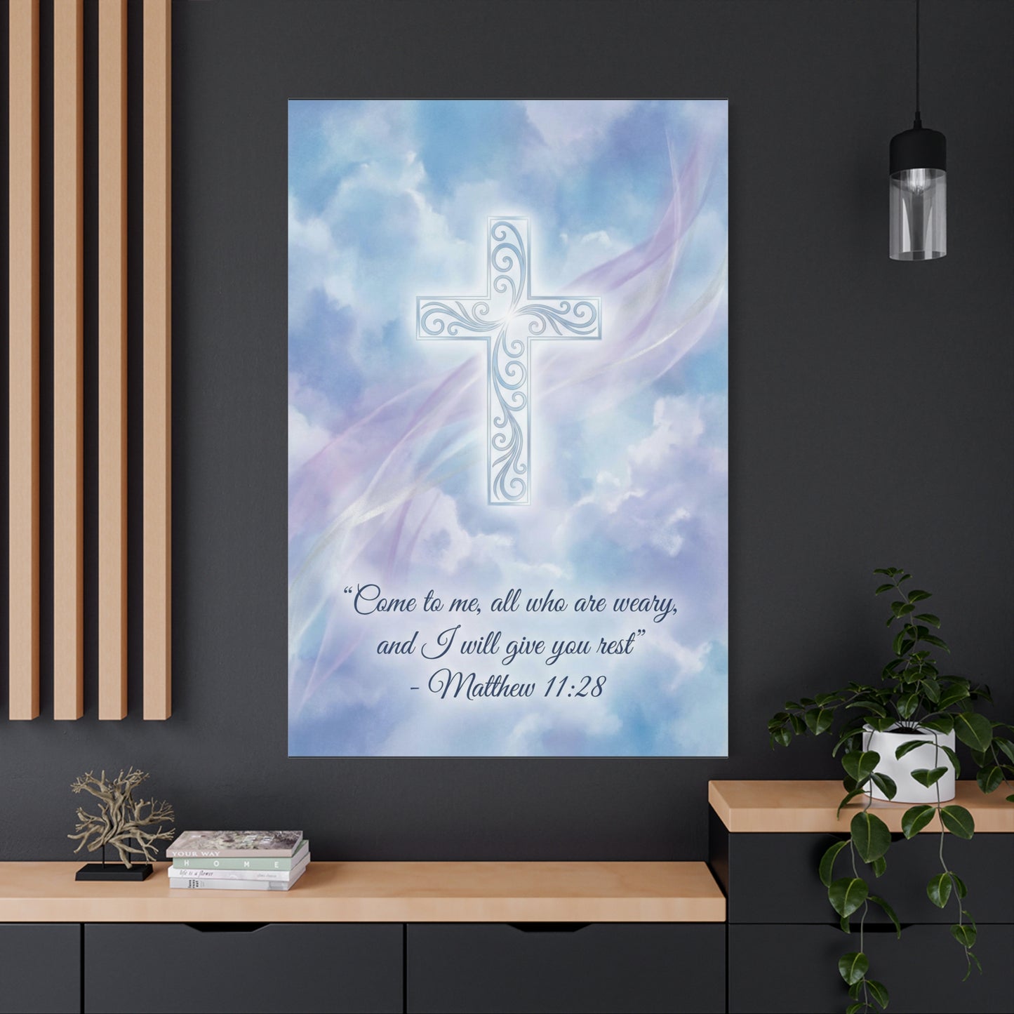 "Come To Me, All Who Are Weary, And I Will Give You Rest" Cross Canvas Wall Art - Matthew 11:28 Scripture Decor, Traditional Christian Wall Hanging, Serene Bedroom Living Room Accent - Ready to Hang