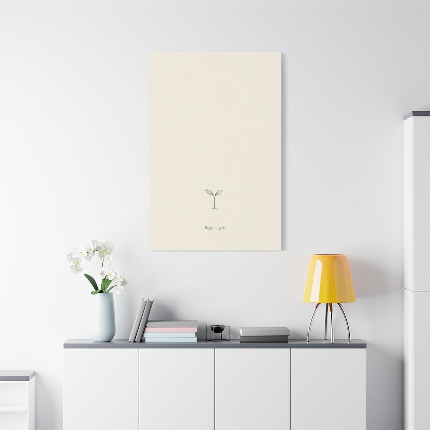 "Begin Again" Minimalist Sprout Canvas Wall Art - Botanical Quote Print, Neutral Beige Cotton Canvas, Modern Calm Bedroom Decor, Living Room Home Decoration, Office Wall Accent - Ready to Hang