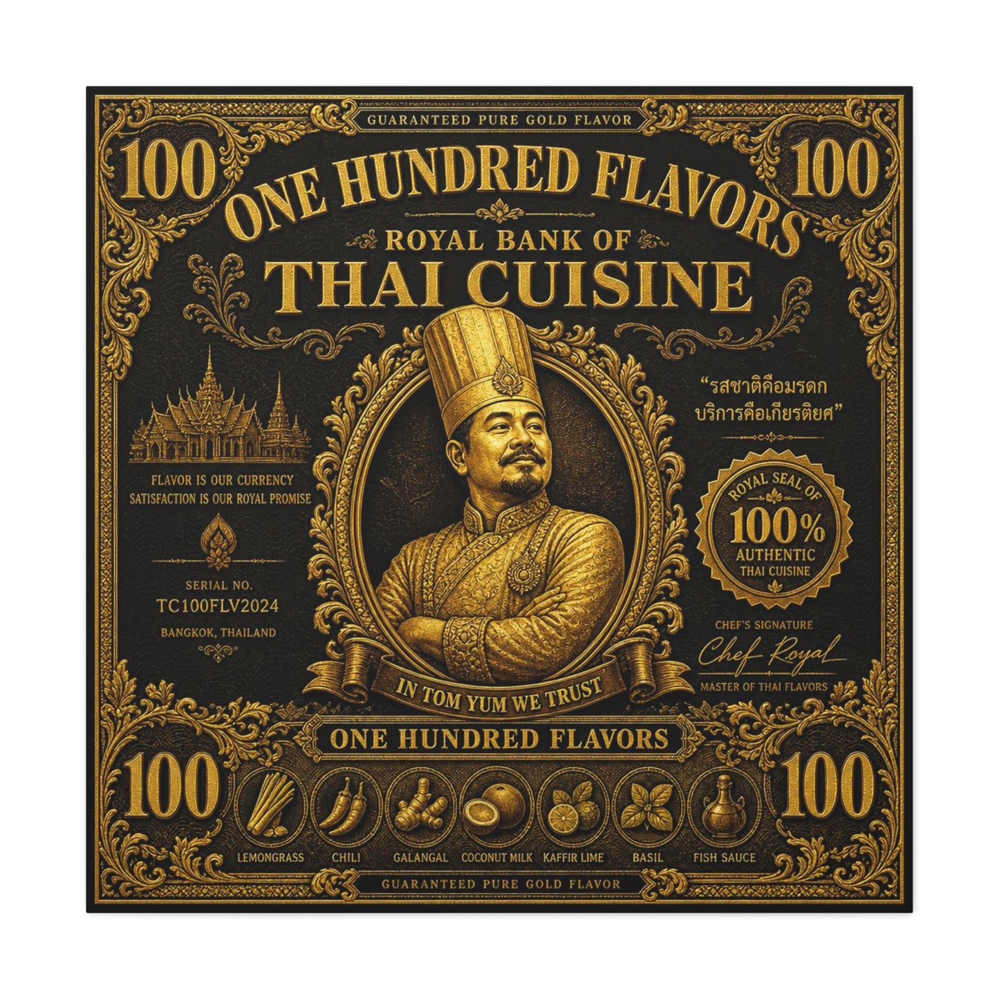 "One Hundred Flavors" Thai Cuisine Canvas Wall Art - Vintage Gold Chef Portrait, Typography Poster Print, Ornate Bangkok Illustration - Restaurant Decor, Dining Room Accent, Cafe Wall Decor