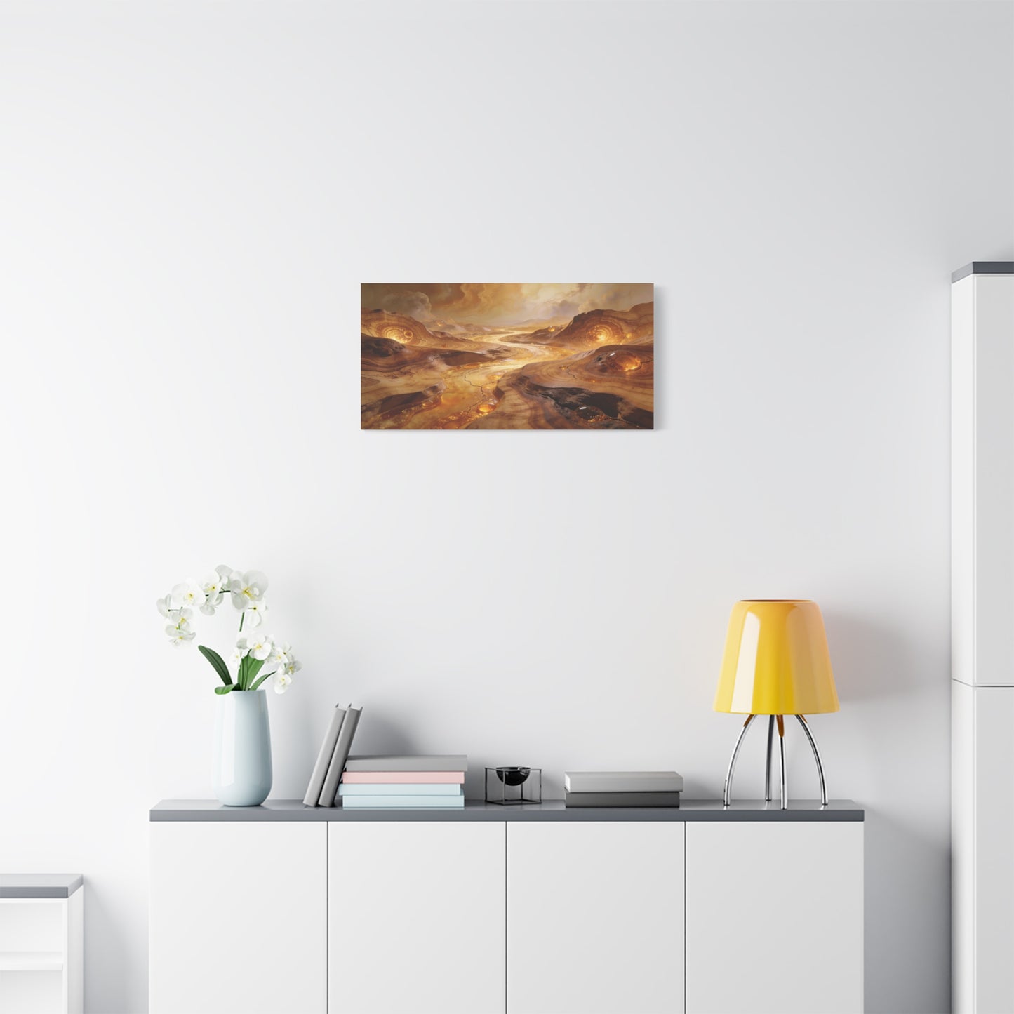 Golden Abstract Landscape Canvas Wall Art - Glowing River, Swirling Stone Forms - Contemporary Matte Canvas Print - Living Room Wall Decor, Bedroom Home Decoration, Office Art - Modern Farmhouse Style