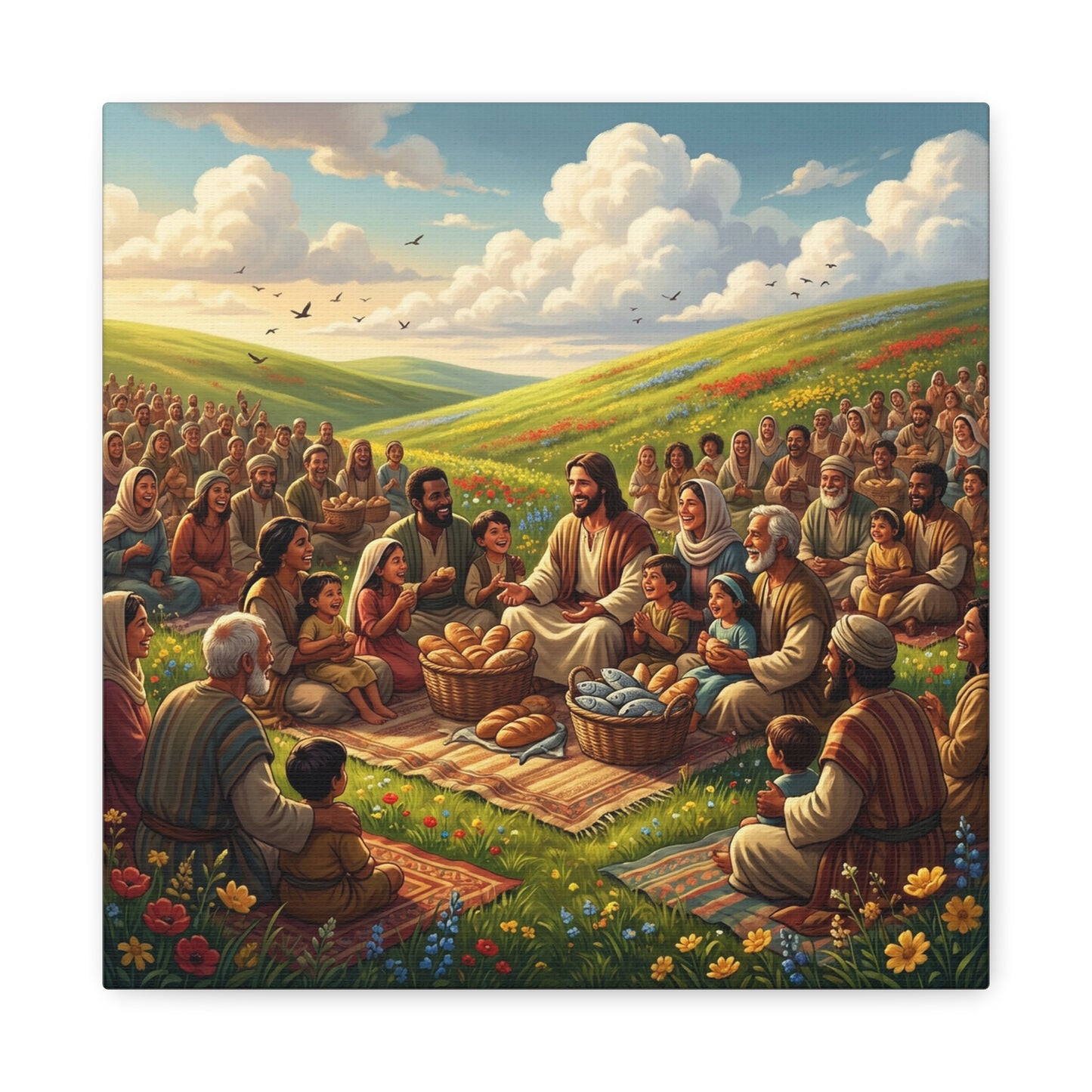 Jesus Feeding The Multitude Canvas Wall Art - Bread And Fish Biblical Scene - Meadow Landscape Christian Home Decor - Matte Cotton Print For Living Room, Bedroom, Office, Meditation Space