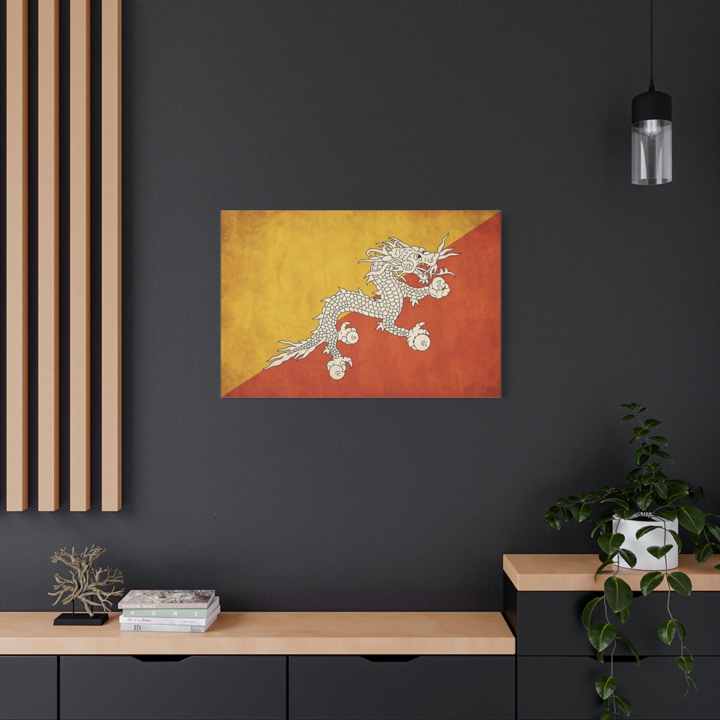 Bhutan Flag Dragon Canvas Wall Art - White Druk On Yellow Orange Field - Vintage Textured Print, Cultural Wall Decor, Living Room Home Decoration - Modern Farmhouse Style - Bedroom Home Decoration