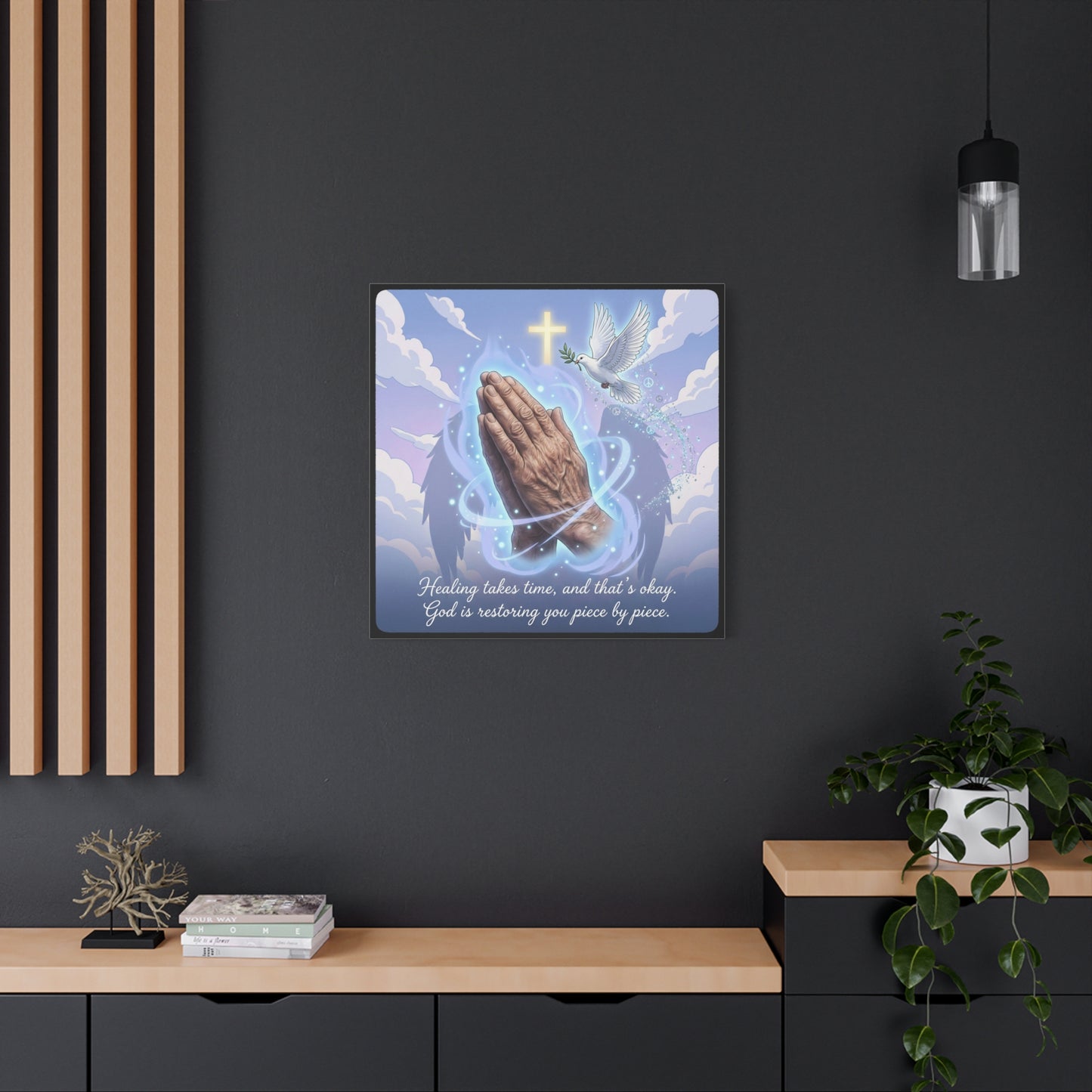 "Healing Takes Time, And That’s Okay. God Is Restoring You Piece By Piece." Christian Canvas Wall Art - Praying Hands, Dove, Cross - Faith Inspired Blue Sky Decor - Bedroom Living Room Office