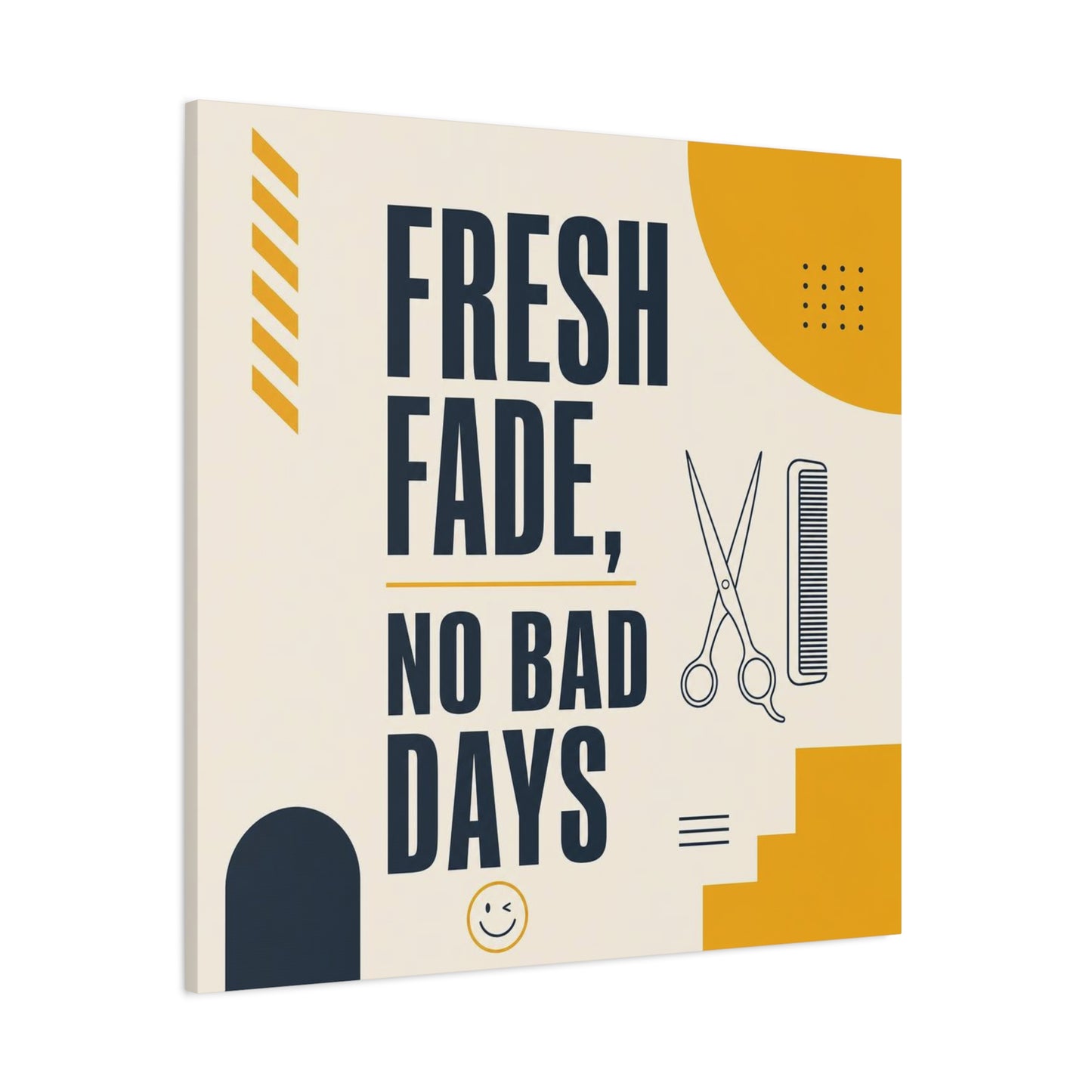 "Fresh Fade, No Bad Days" Barber Shop Canvas Wall Art - Scissors And Comb Typography Print - Modern Yellow Black Salon Decor - Workspace Wall Decor, Lobby Wall Art Accent - Gallery Wrapped Canvas