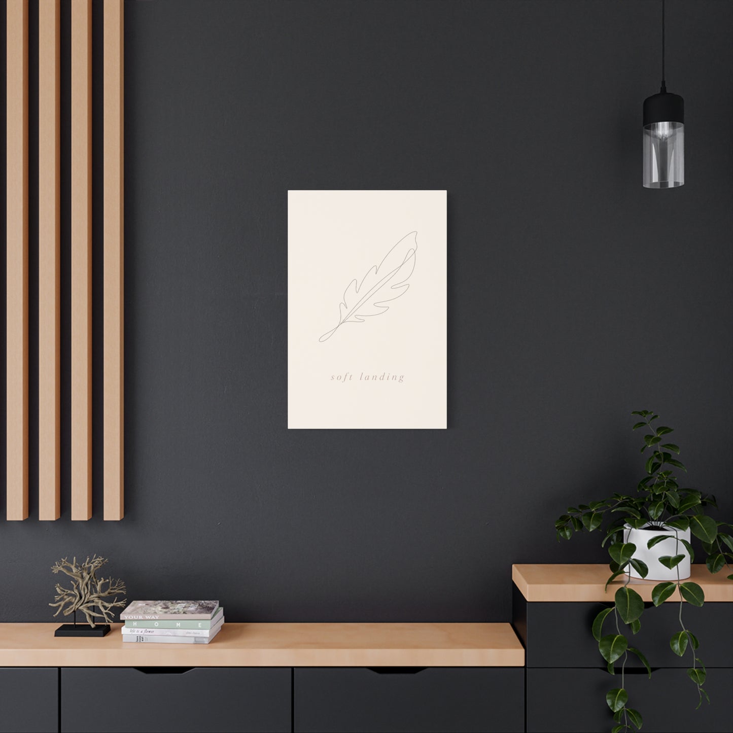 "Soft Landing" Feather Canvas Wall Art - Minimalist Line Drawing, Neutral Beige Cotton Print - Contemporary Bedroom Wall Decor, Nursery Home Decoration, Calming Office Accent - Bedroom Home Decoration
