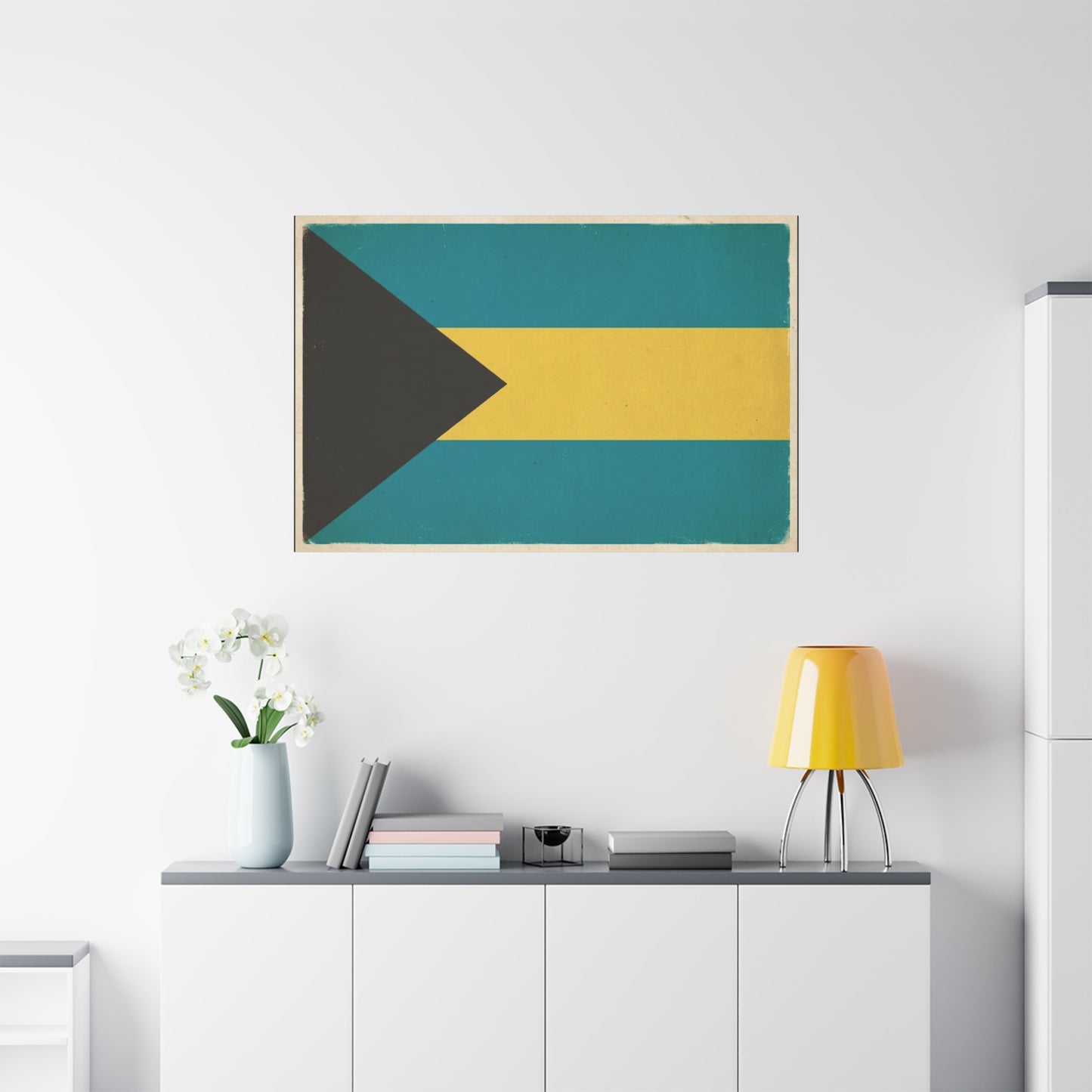 Bahamas Flag Canvas Wall Art - Vintage Caribbean National Flag Print, Blue Yellow Black Geometric Design - Coastal Decor - Living Room Home Decoration - Living Room Wall Decor - Modern Farmhouse Style