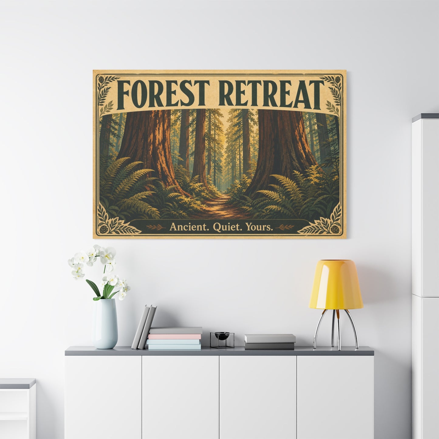 "Forest Retreat" Canvas Wall Art - Vintage Redwood Forest Path Print, Rustic Woodland Home Decor - Ancient. Quiet. Yours. - Cabin Style Living Room Decoration, Bedroom Wall Hanging - Ready to Hang