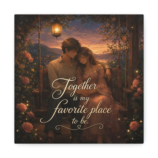 "Together Is My Favorite Place To Be" Romantic Couple Canvas Wall Art - Lantern Swing Sunset Lake Scene, Floral Garden Love Quote Print - Vintage Bedroom Decor - Office Wall Art - Ready to Hang