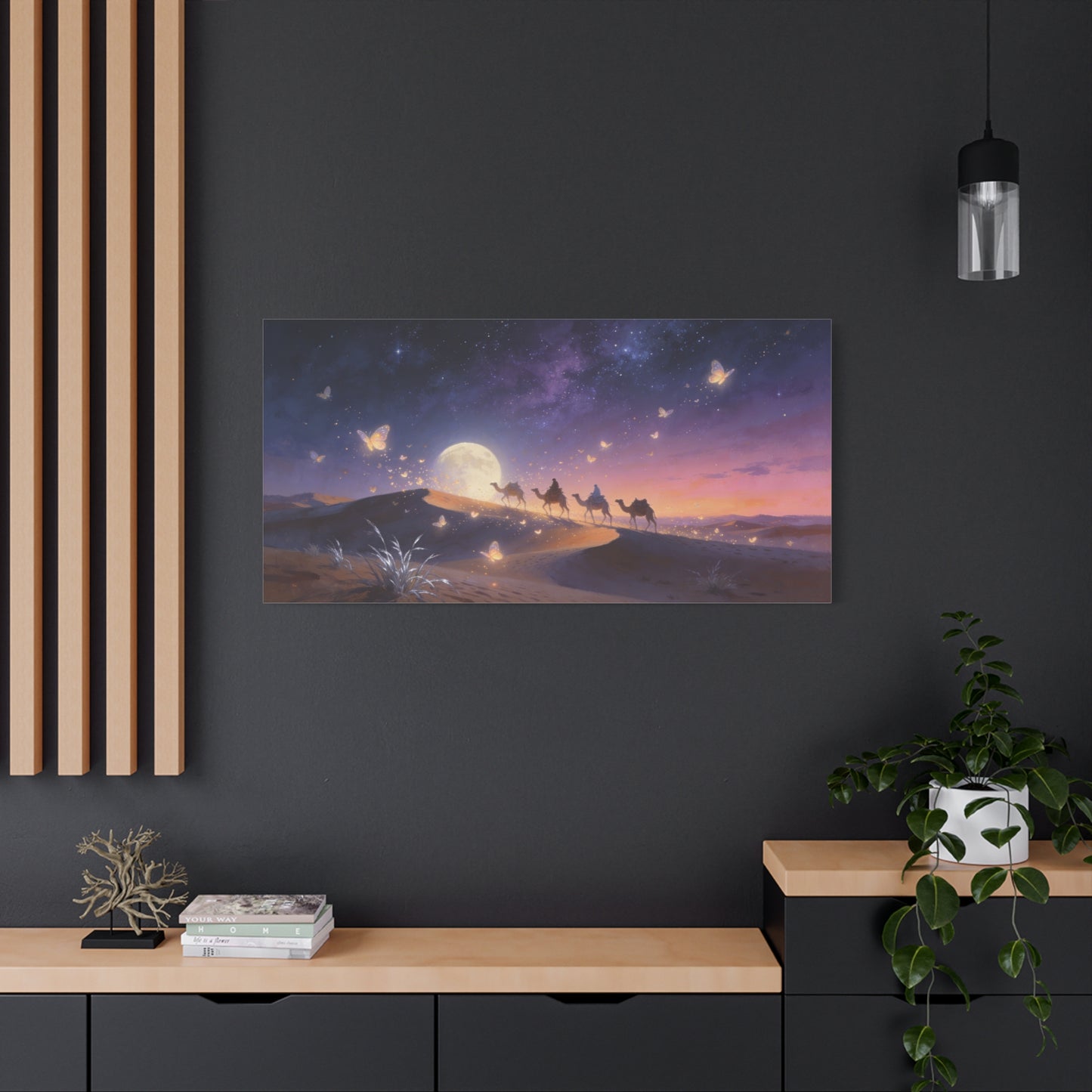 Moonlit Desert Camel Caravan Canvas Wall Art - Starry Night Butterflies, Dreamy Landscape Print - Ethereal Contemporary Style - Living Room Wall Decor, Bedroom Home Decoration - Modern Farmhouse Style
