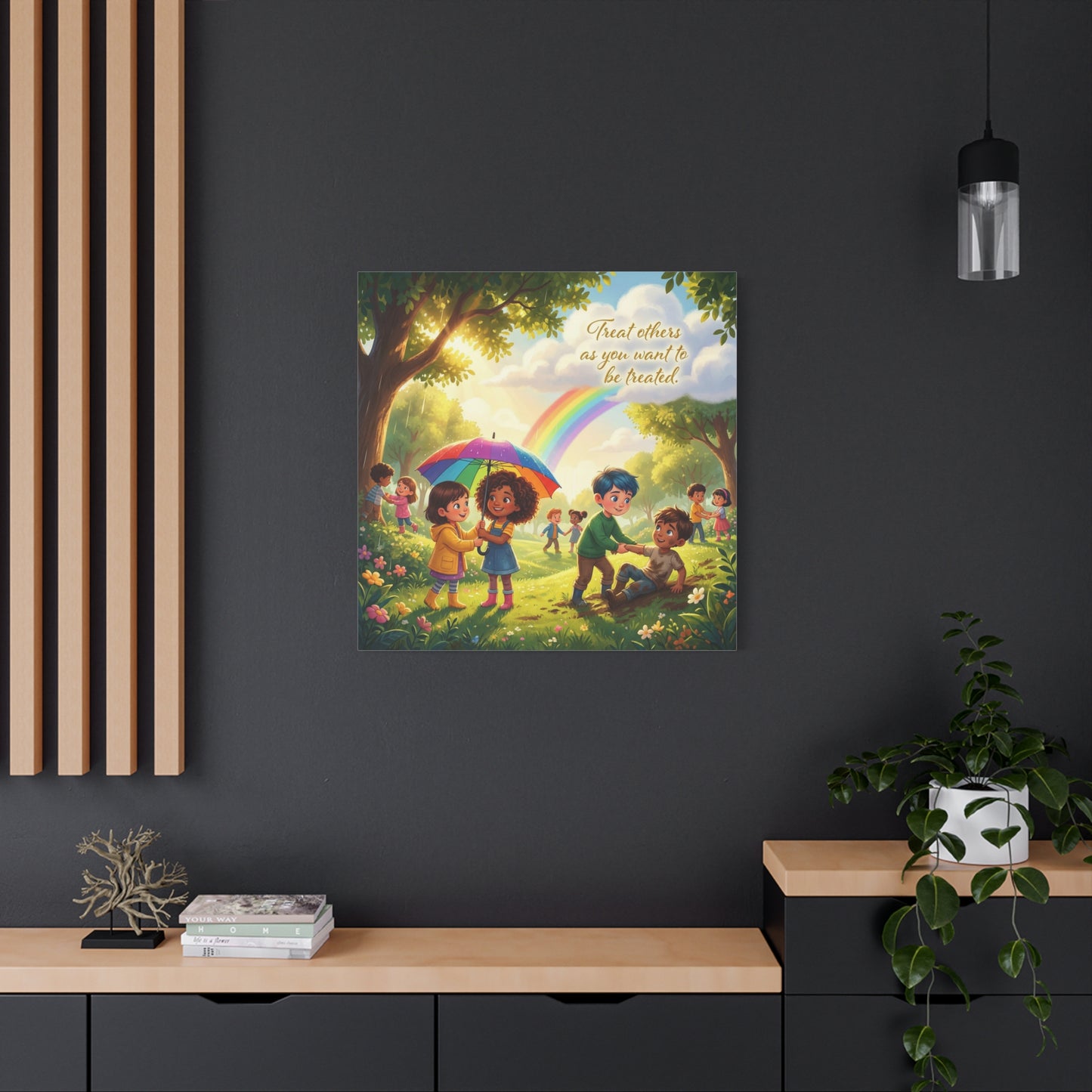 "Treat Others As You Want To Be Treated" Kids Canvas Wall Art - Rainbow Kindness Quote, Children Helping In Sunny Park - Matte Cotton Print - Playroom Classroom Decor, Nursery Wall Hanging