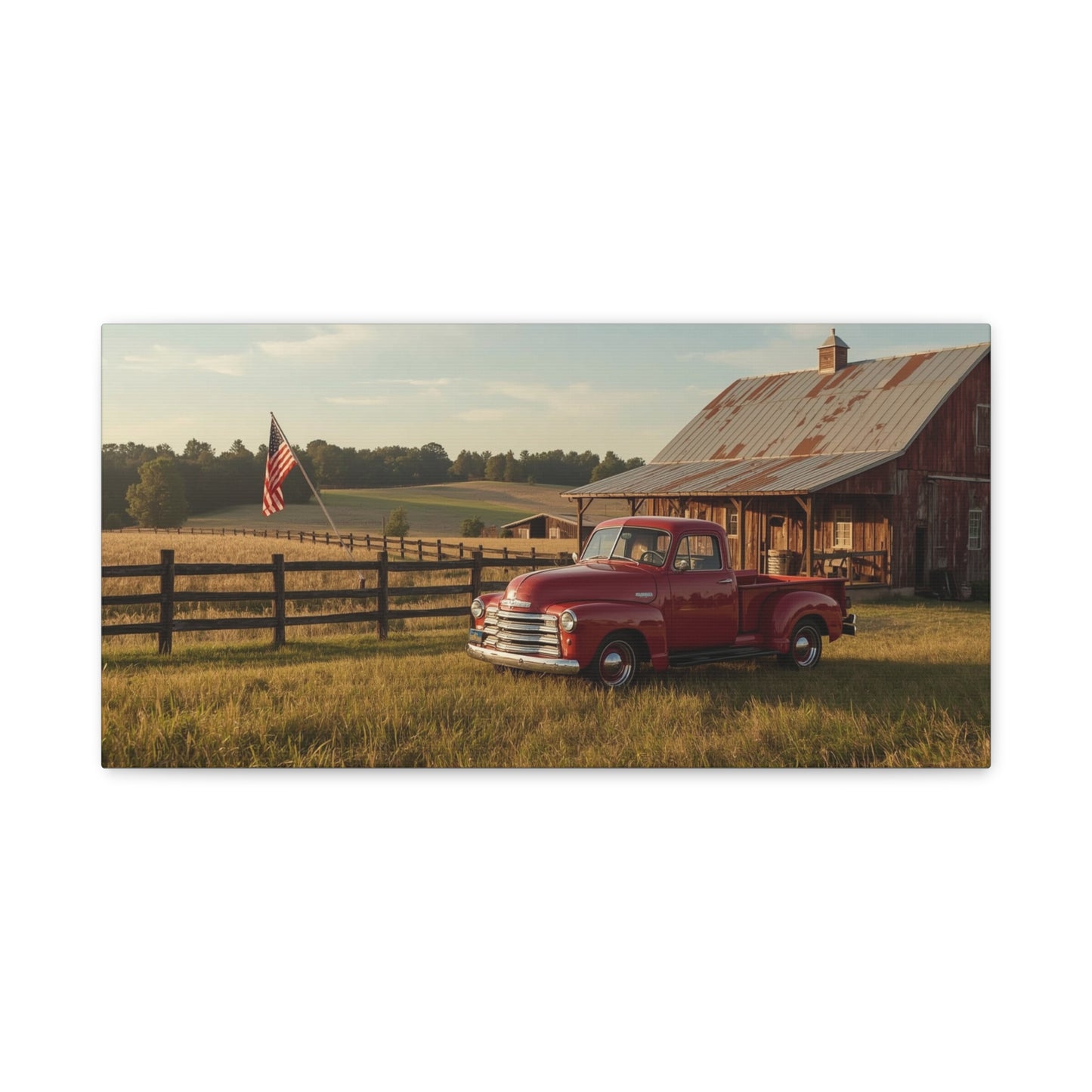 Red Vintage Pickup Truck Canvas Wall Art - Rustic Barn, American Flag Farm Landscape - Country Art Print, Traditional Style - Living Room Wall Decor, Office Art Accent - Modern Farmhouse Style
