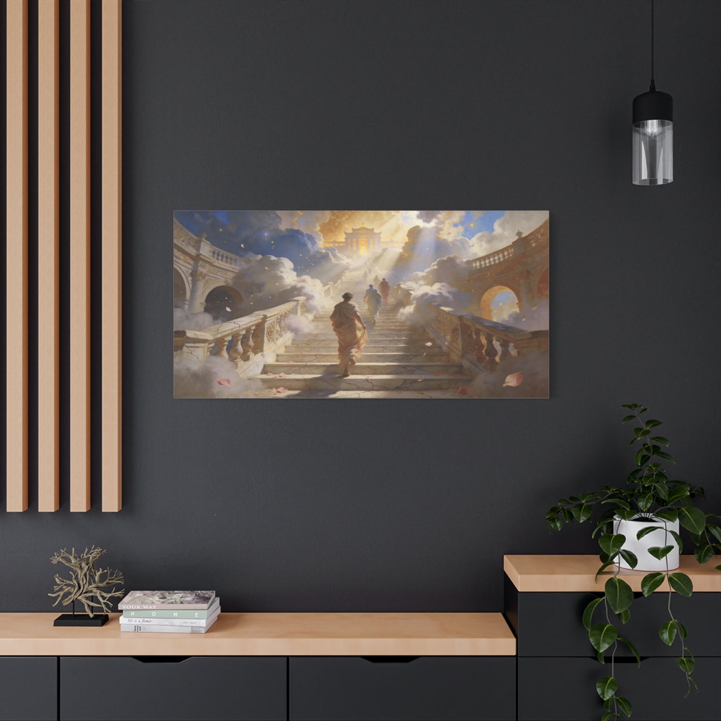 Celestial Stairway Canvas Wall Art - Figures Ascending Through Clouds, Golden Temple Light - Matte Cotton Art Print - Classical Fantasy Style - Living Room Wall Decor, Office Accent - Ready to Hang