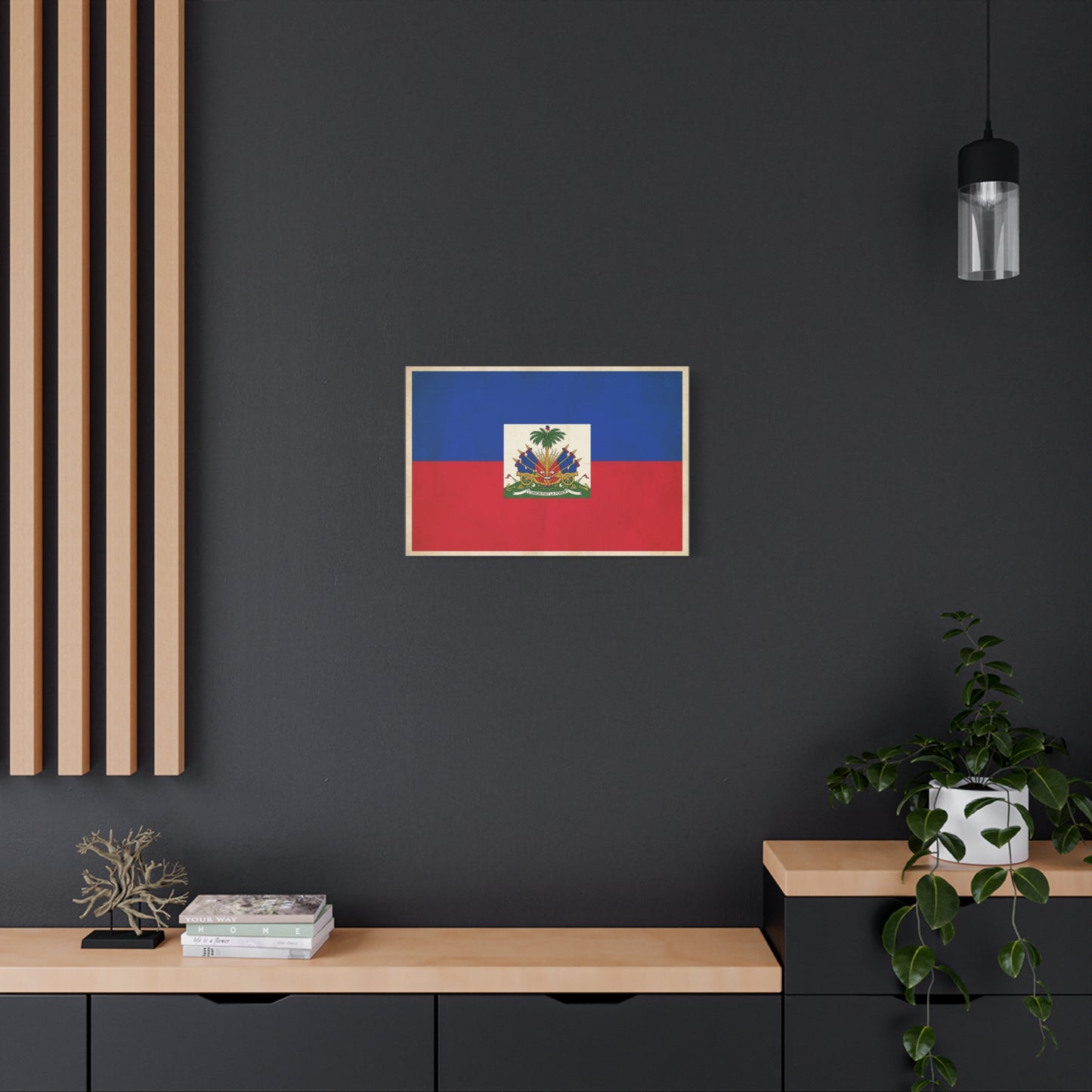 Haiti Flag Canvas Wall Art - Haitian Flag Print With Coat Of Arms, Patriotic Blue Red Banner - Framed Look Matte Canvas - Living Room Wall Decor, Bedroom Home Decoration - Bedroom Home Decoration