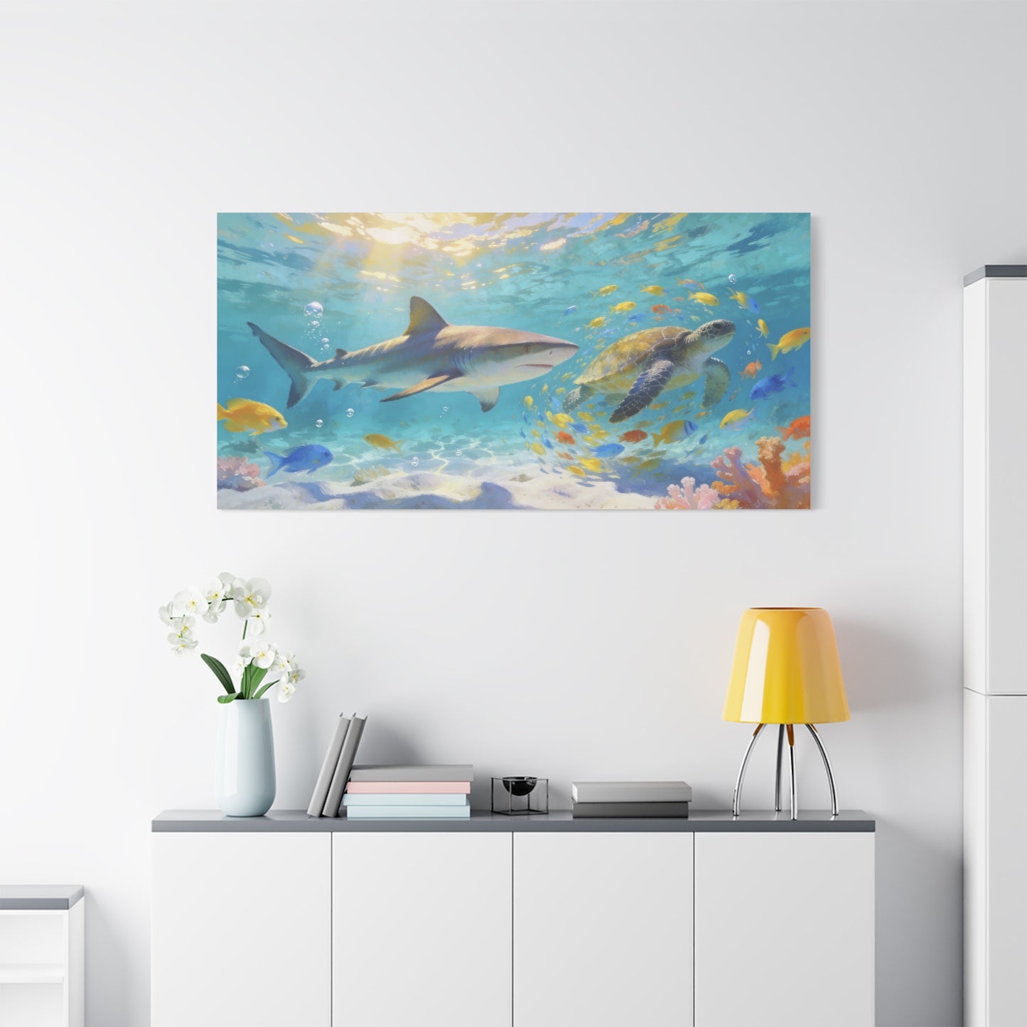 Shark Sea Turtle Canvas Wall Art - Tropical Underwater Ocean Scene, Colorful Fish Coral Reef - Matte Coastal Style - Living Room Wall Decor, Bedroom Home Decoration - Bedroom Home Decoration