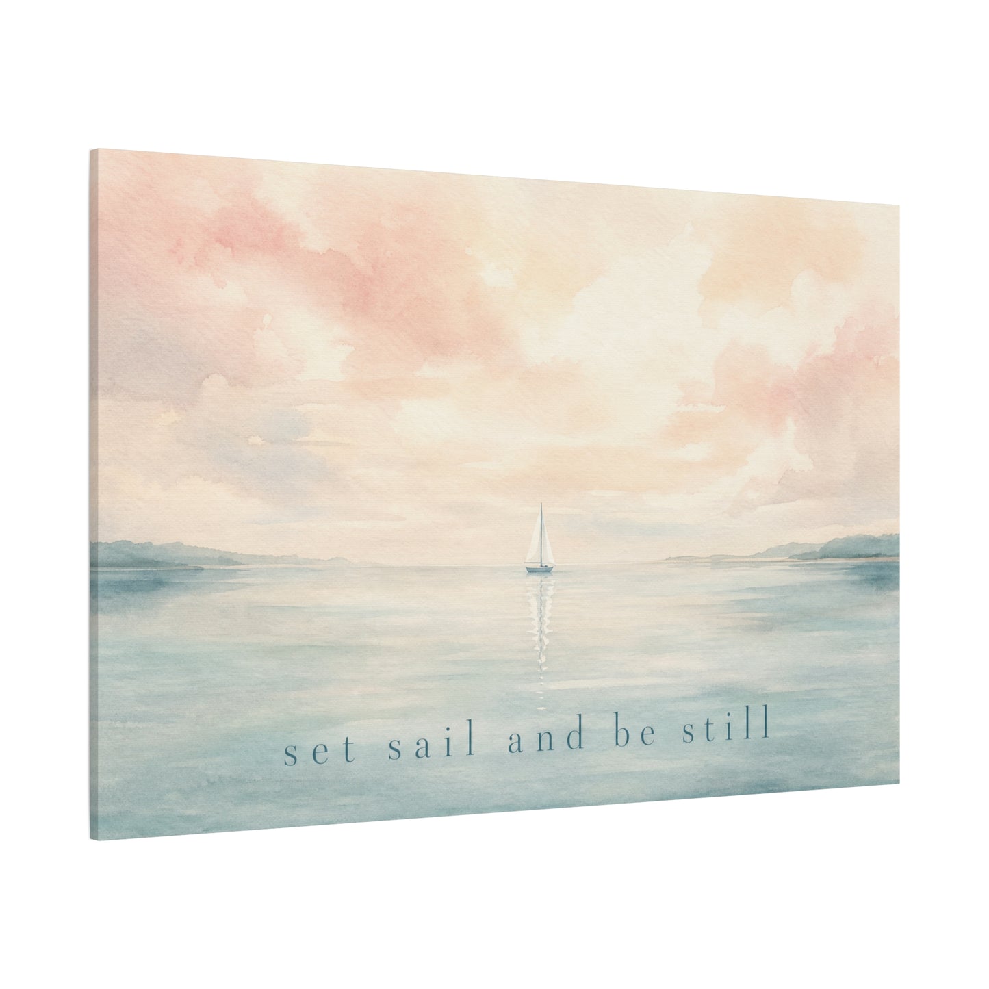 "Set Sail And Be Still" Sailboat Canvas Wall Art - Coastal Seascape Quote Print, Soft Pastel Watercolor, Serene Bedroom Decor, Living Room Wall Decor, Meditation Space Home Accent - Ready to Hang