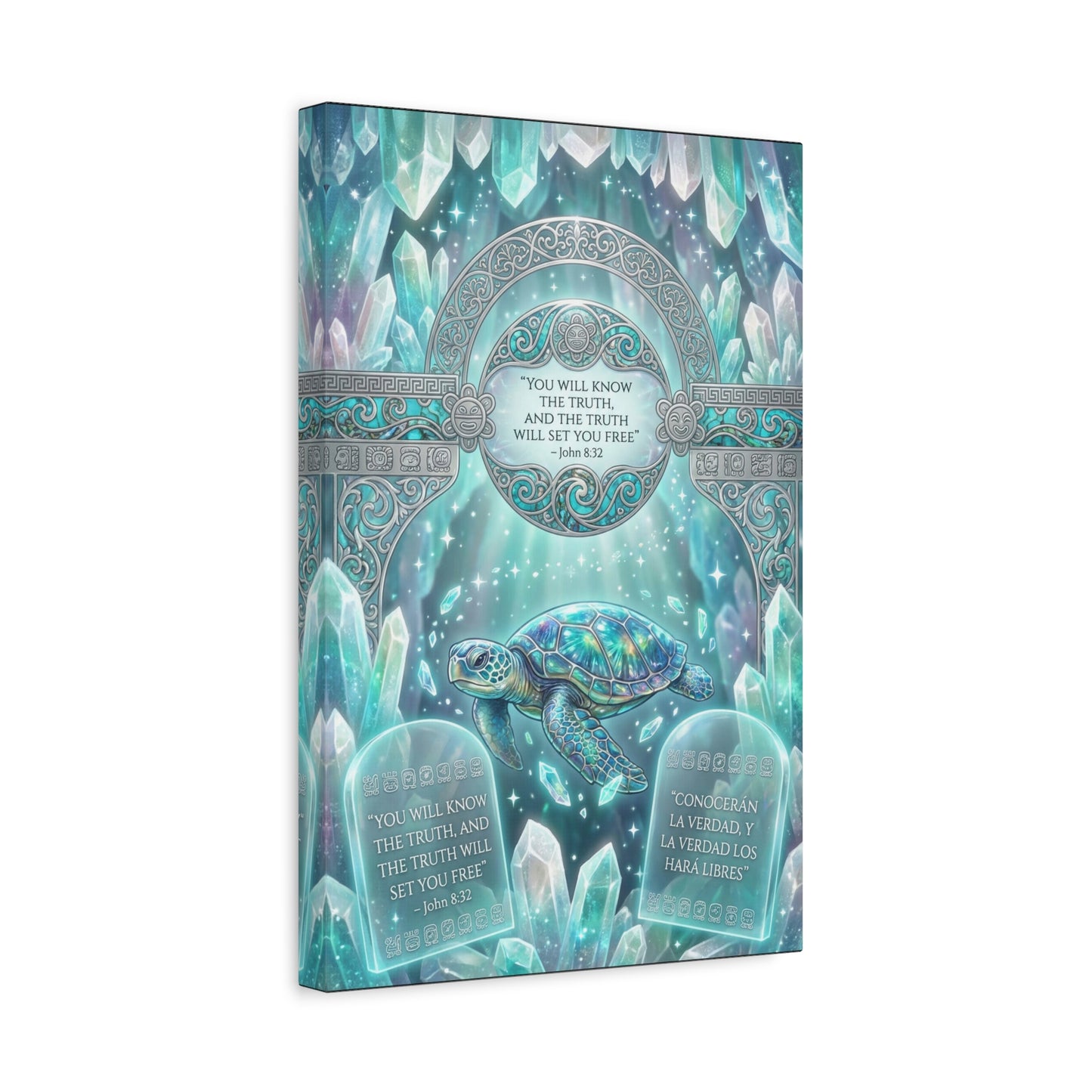 "You Will Know The Truth, And The Truth Will Set You Free" Sea Turtle Canvas Wall Art - John 8:32 Scripture Decor, Crystal Ocean Fantasy Style, Bedroom Wall Hanging, Meditation Space - Ready to Hang