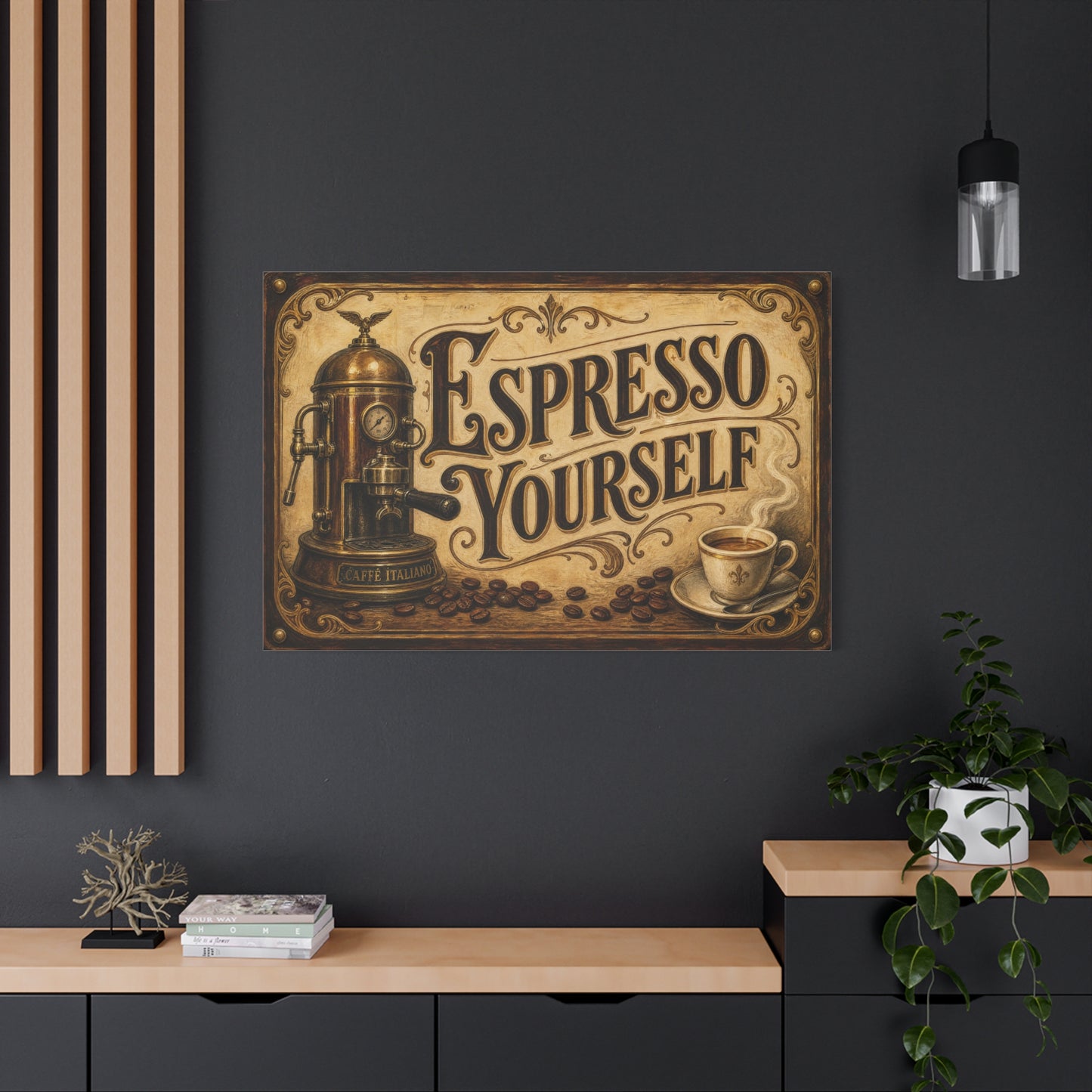 "Espresso Yourself" Coffee Canvas Wall Art - Vintage Espresso Machine, Cafe Decor - Matte Cotton Print, Rustic Farmhouse Style - Ready to Hang - Coffee Shop Decor - Cafe Wall Art - Matte Finish Print