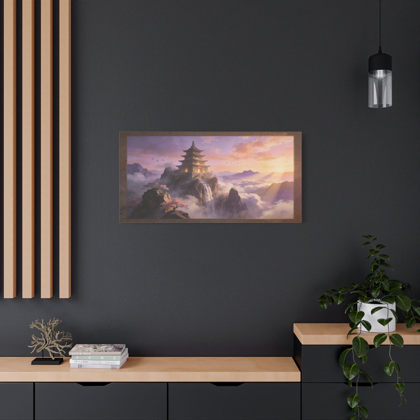 Mountain Pagoda Canvas Wall Art - Misty Sunrise Temple, Waterfall And Cherry Blossoms - Framed Landscape Print, Serene Traditional Style - Living Room Wall Decor, Bedroom Decoration - Ready to Hang