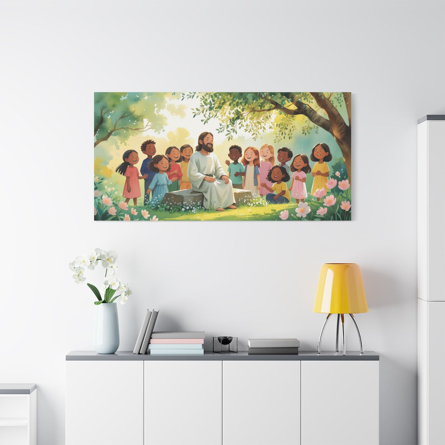 Jesus With Children Canvas Wall Art - Sunlit Garden Faith Illustration, Christian Nursery Decor, Matte Cotton Print, Traditional Style - Kids Room, Classroom, Living Room Wall Decor - Ready to Hang