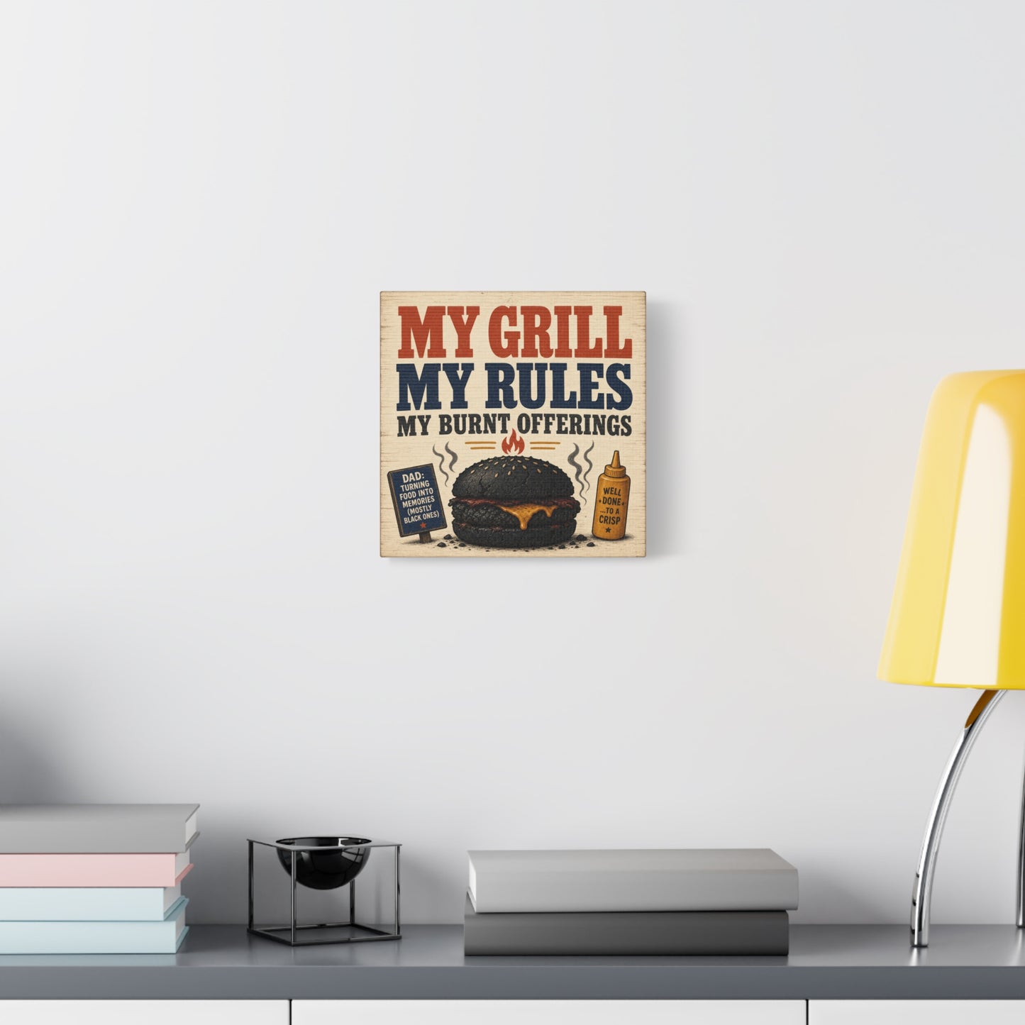 "My Grill My Rules My Burnt Offerings" Funny BBQ Canvas Wall Art - Burnt Burger Grill Sign, Rustic Farmhouse Kitchen Decor, Patriotic Red Blue Typography Print - Man Cave Wall Decor - Ready to Hang