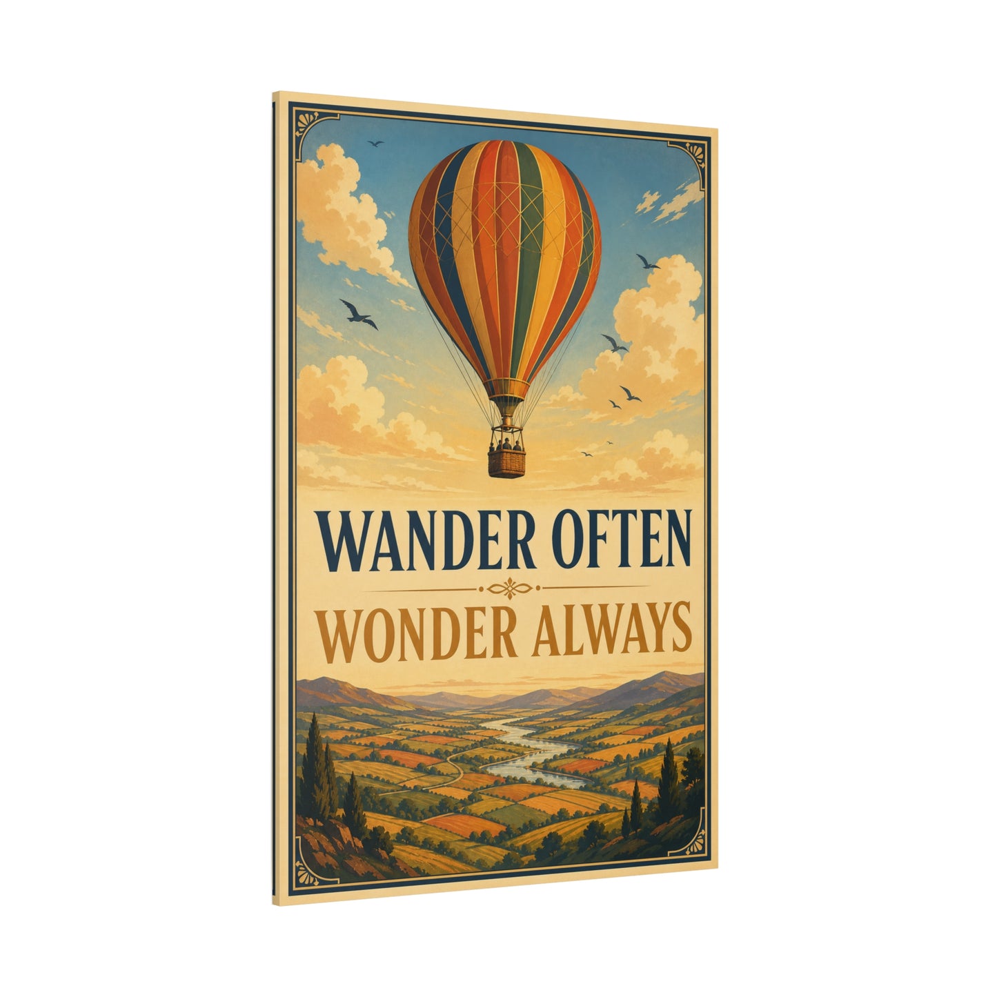 "Wander Often Wonder Always" Hot Air Balloon Canvas Wall Art - Vintage Travel Landscape Quote Print, Retro Sky Poster Style, Living Room Wall Decor - Ready to Hang - Bedroom Home Decoration