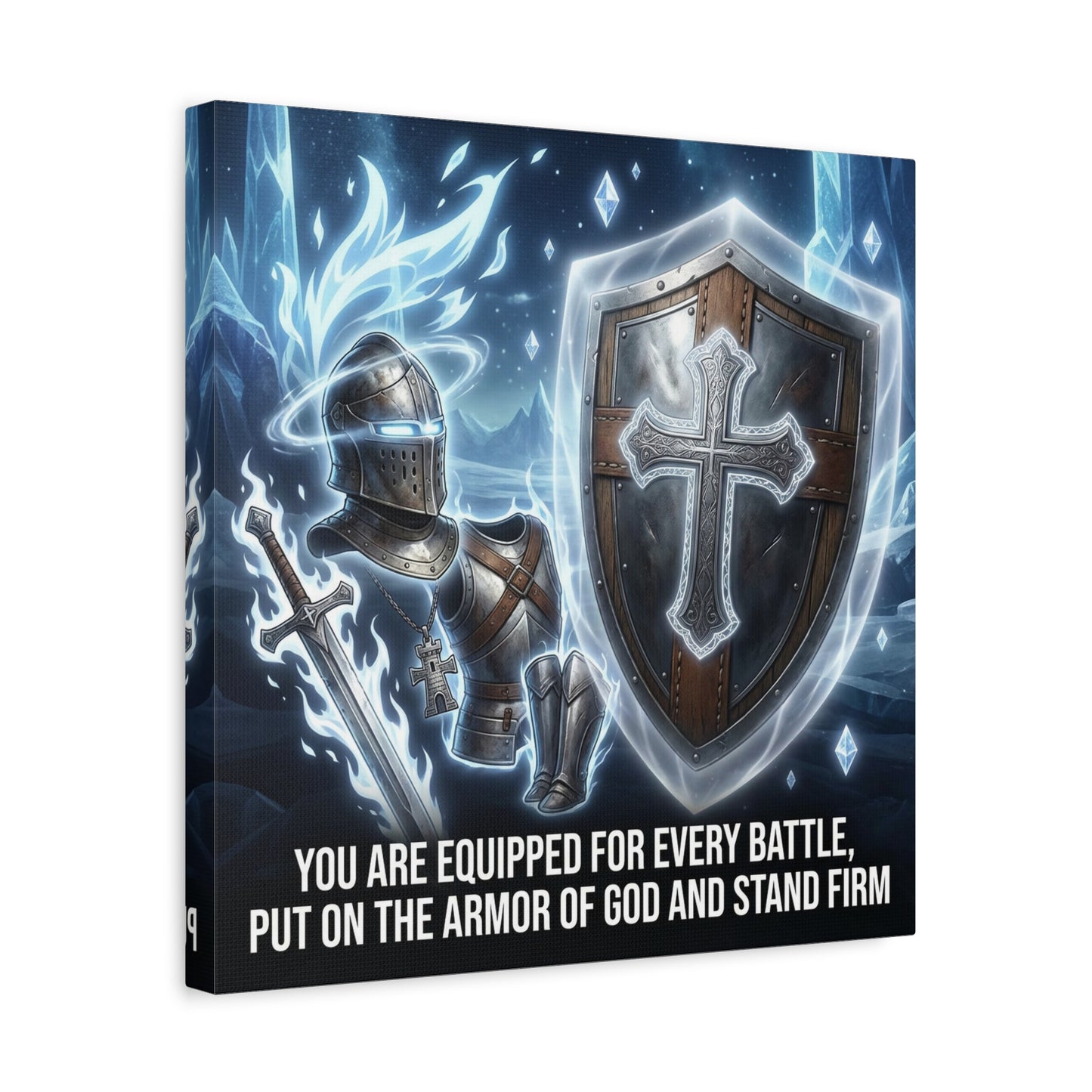 "You Are Equipped For Every Battle, Put On The Armor Of God And Stand Firm" Christian Canvas Wall Art - Knight Armor, Cross Shield, Scripture Decor - Blue Fantasy Style - Living Room - Office Wall Art