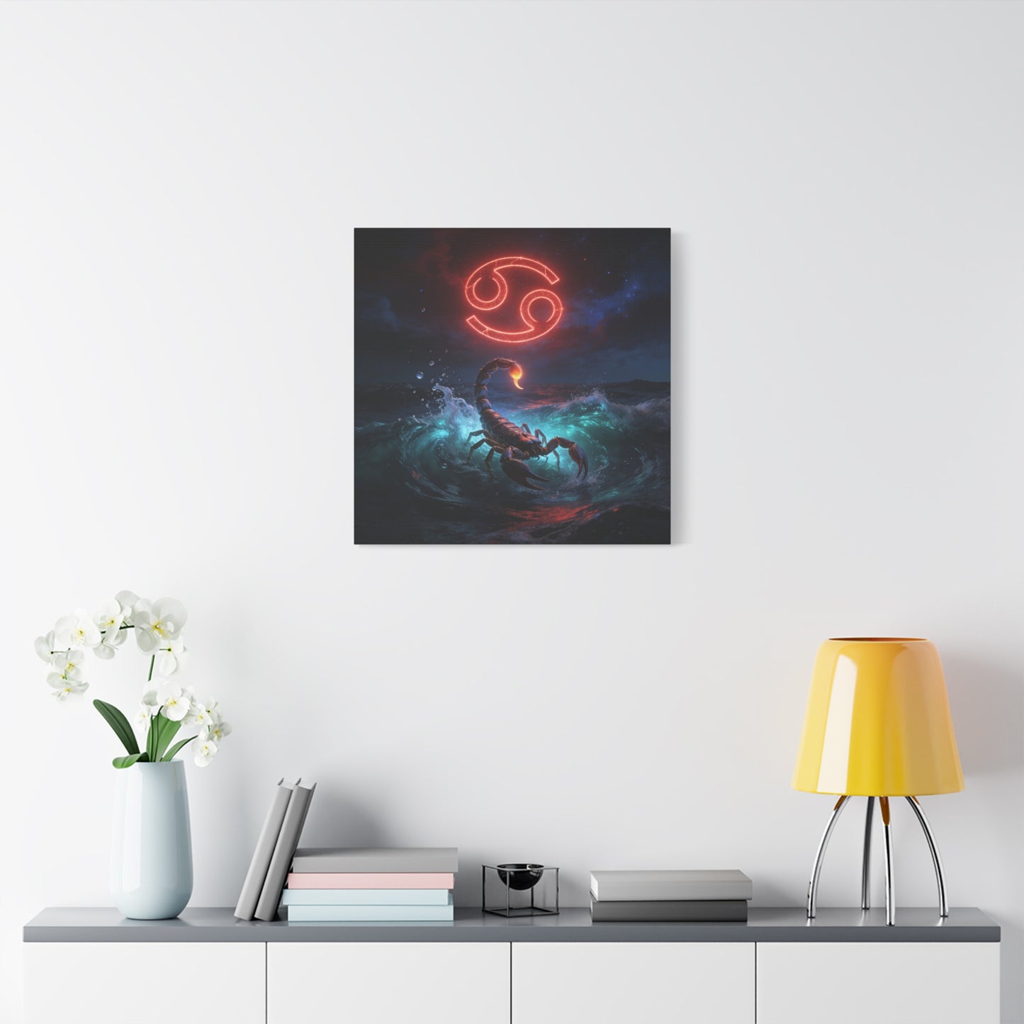 Cancer Zodiac Canvas Wall Art - Neon Crab Ocean Astrology Print, Celestial Night Seascape, Matte Canvas Decor, Bedroom Home Decoration, Living Room Wall Decor, Modern Space Style - Ready to Hang
