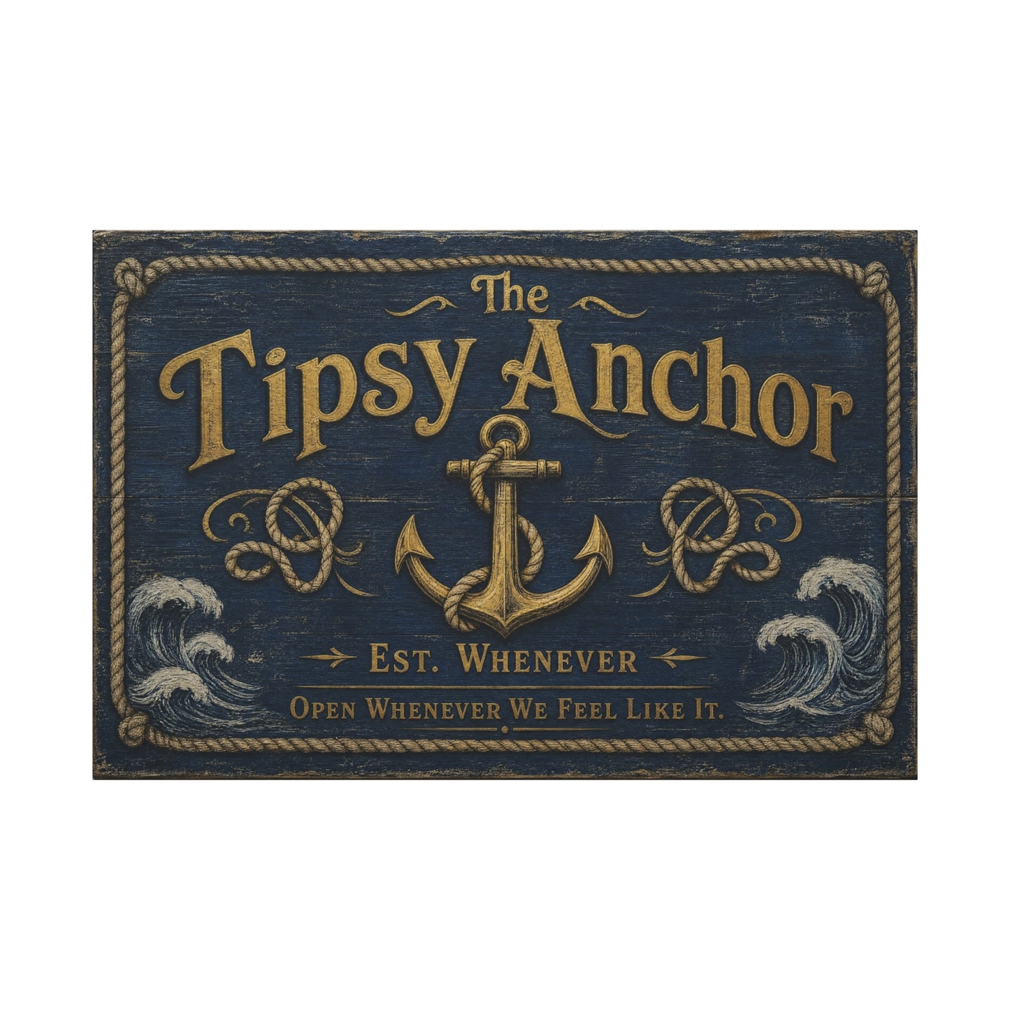 "The Tipsy Anchor" Canvas Wall Art - "Est. Whenever Open Whenever We Feel Like It." Nautical Anchor Sign, Vintage Coastal Wall Decor, Rustic Navy Gold Typography For Bar - Ready to Hang