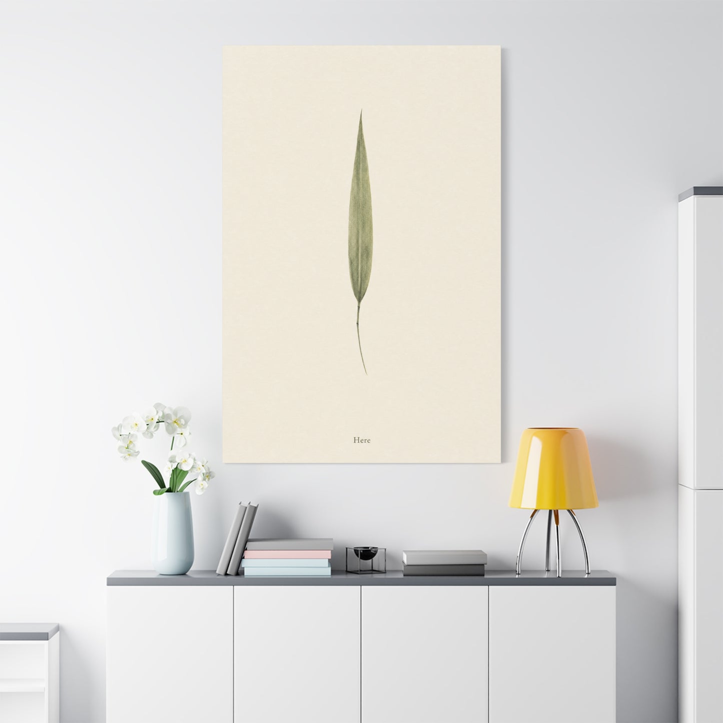 "Here" Minimalist Botanical Canvas Wall Art - Single Green Leaf Print, Neutral Contemporary Nature Decor - Cotton Art Print For Bedroom Living Room, Japandi Home Decoration - Living Room Wall Decor