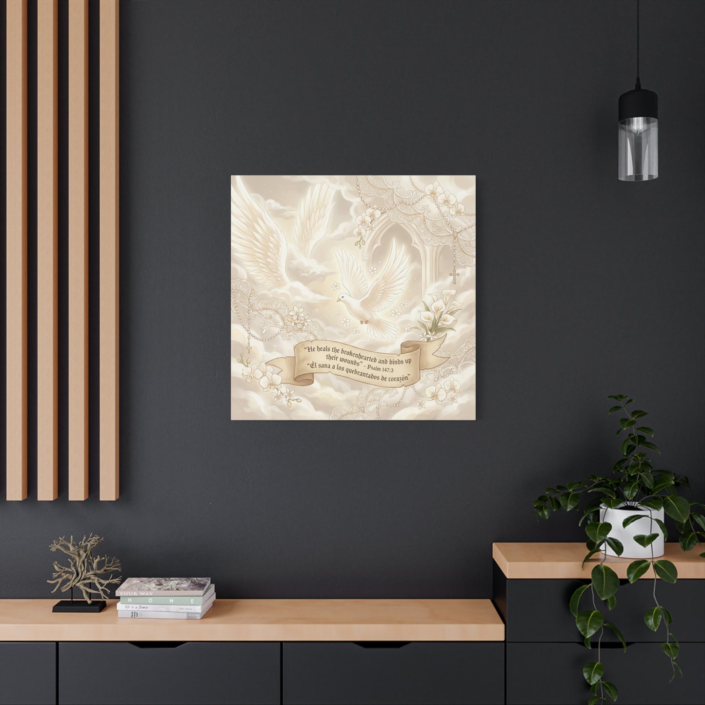 "He Heals The Brokenhearted And Binds Up Their Wounds" Canvas Wall Art - Dove, Cross, Psalm 147:3 Scripture Print - Beige Floral Christian Decor - Bedroom Living Room Home Decoration - Office Wall Art