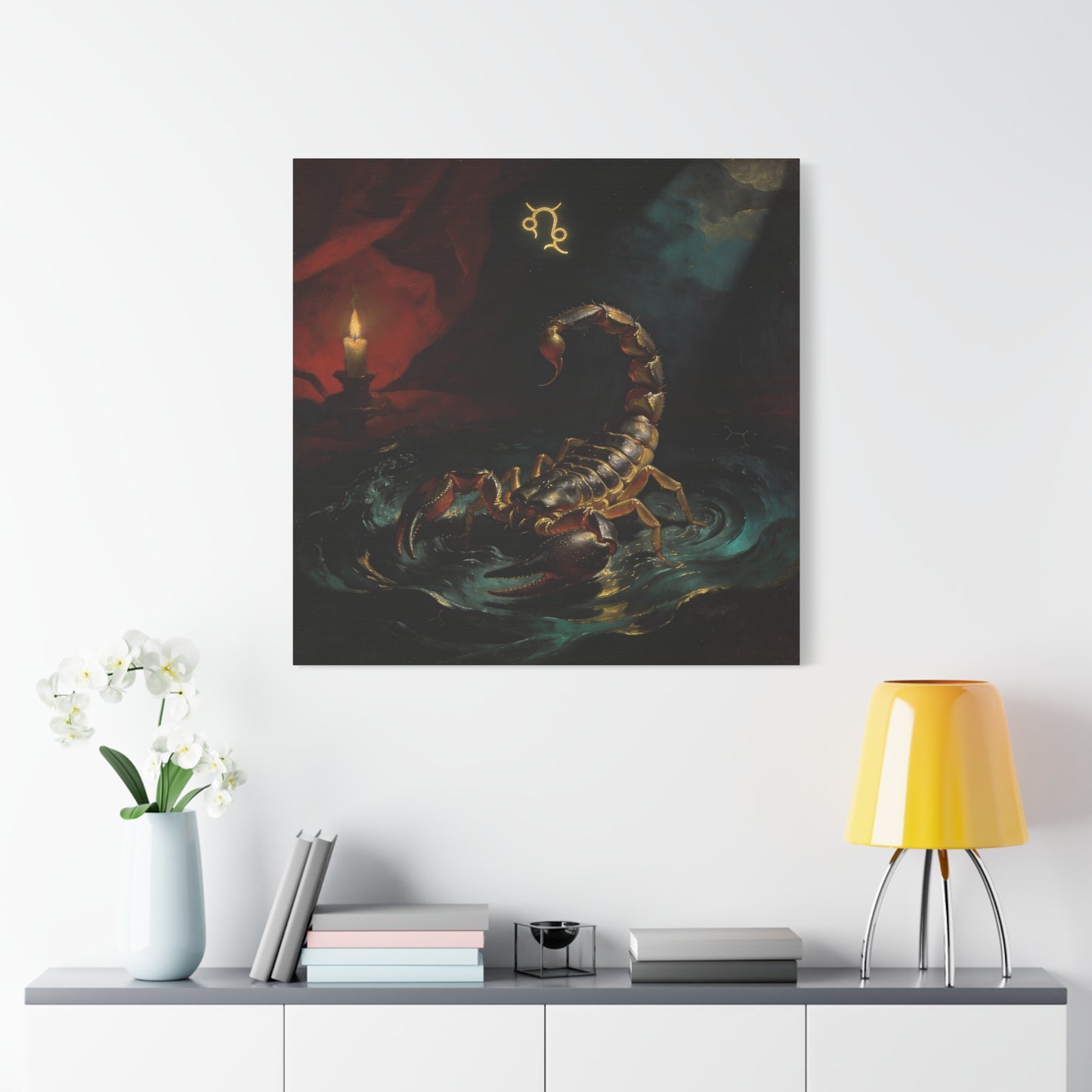 Scorpion Zodiac Canvas Wall Decor - Candlelit Astrology Painting, Dark Vintage Gothic Print - Matte Cotton Canvas, Mysterious Maximalist Style - Bedroom Decoration, Study Accent - Office Wall Art